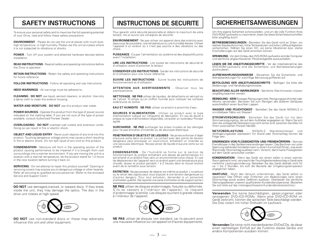 Pioneer DVD-115 operating instructions Safety Instructions, Instructions DE Securite 