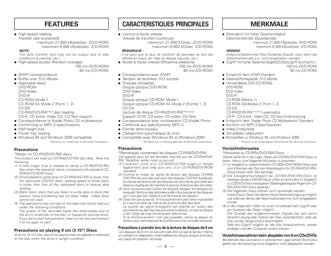 Pioneer DVD-115 operating instructions Features, Merkmale 