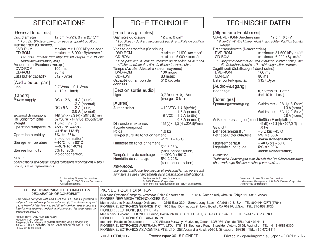 Pioneer DVD-115 operating instructions Specifications, Fiche Technique, Technische Daten 