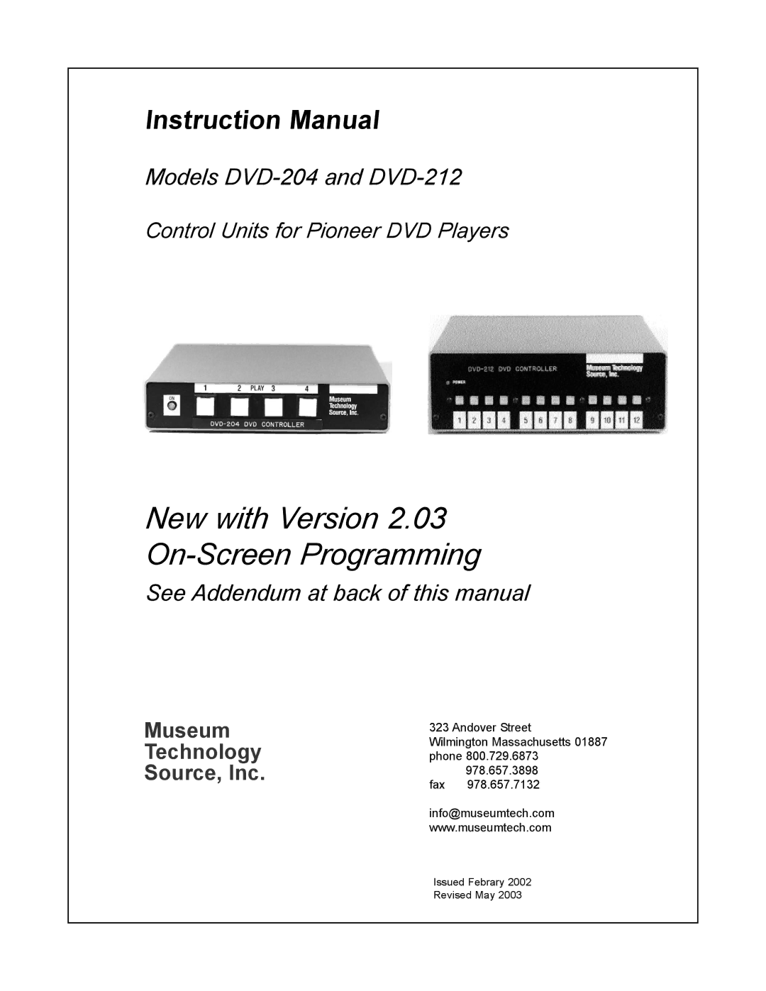 Pioneer DVD-204 instruction manual New with Version 2.03 On-Screen Programming 