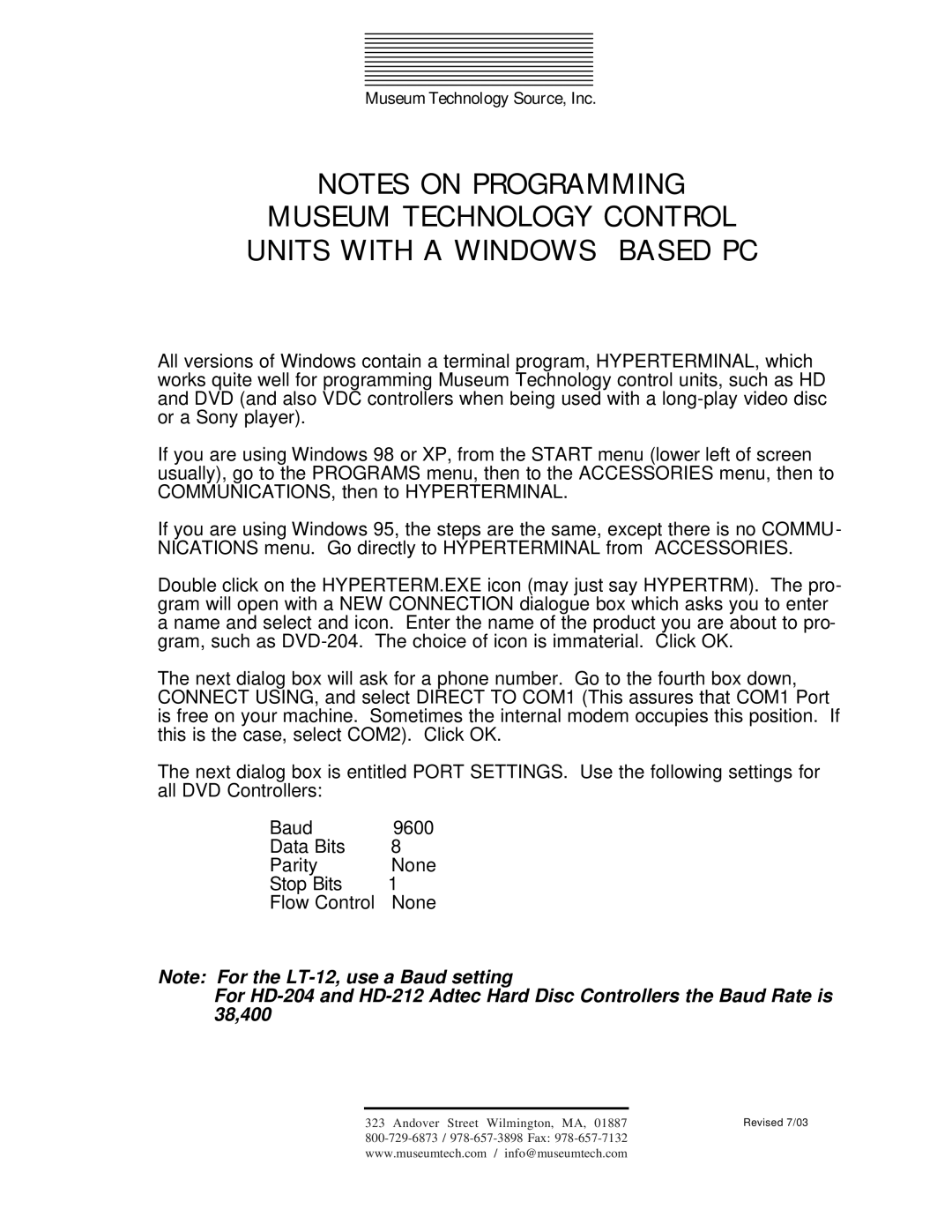 Pioneer DVD-204 instruction manual Museum Technology Control Units with a Windows Based PC 