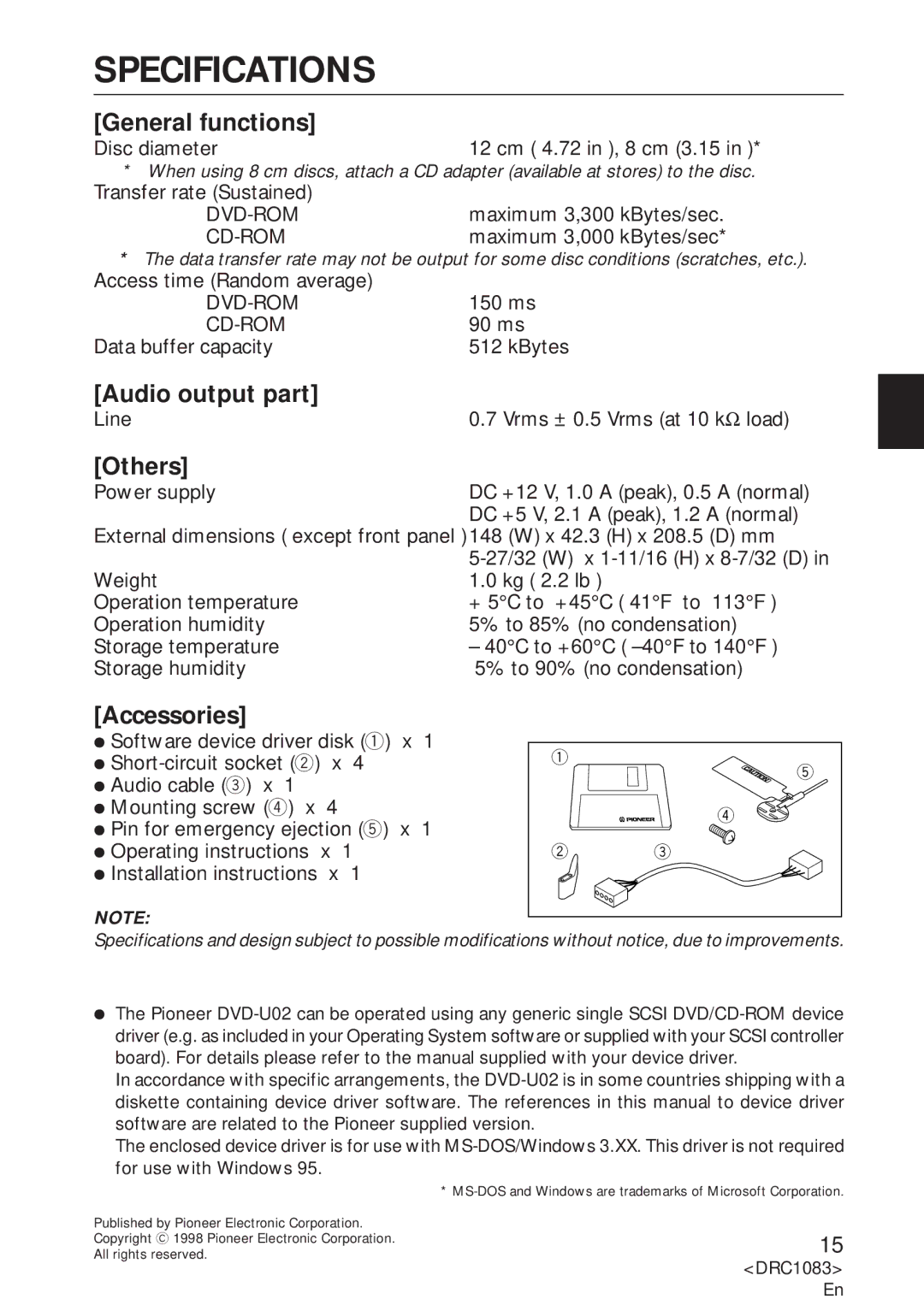 Pioneer DVD-U02 user service Specifications, General functions, Audio output part, Others, Accessories 