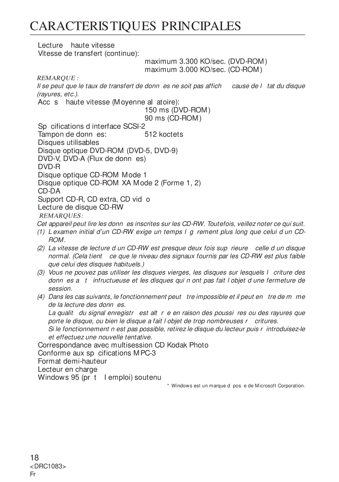 Pioneer DVD-U02 user service Caracteristiques Principales, Remarque 