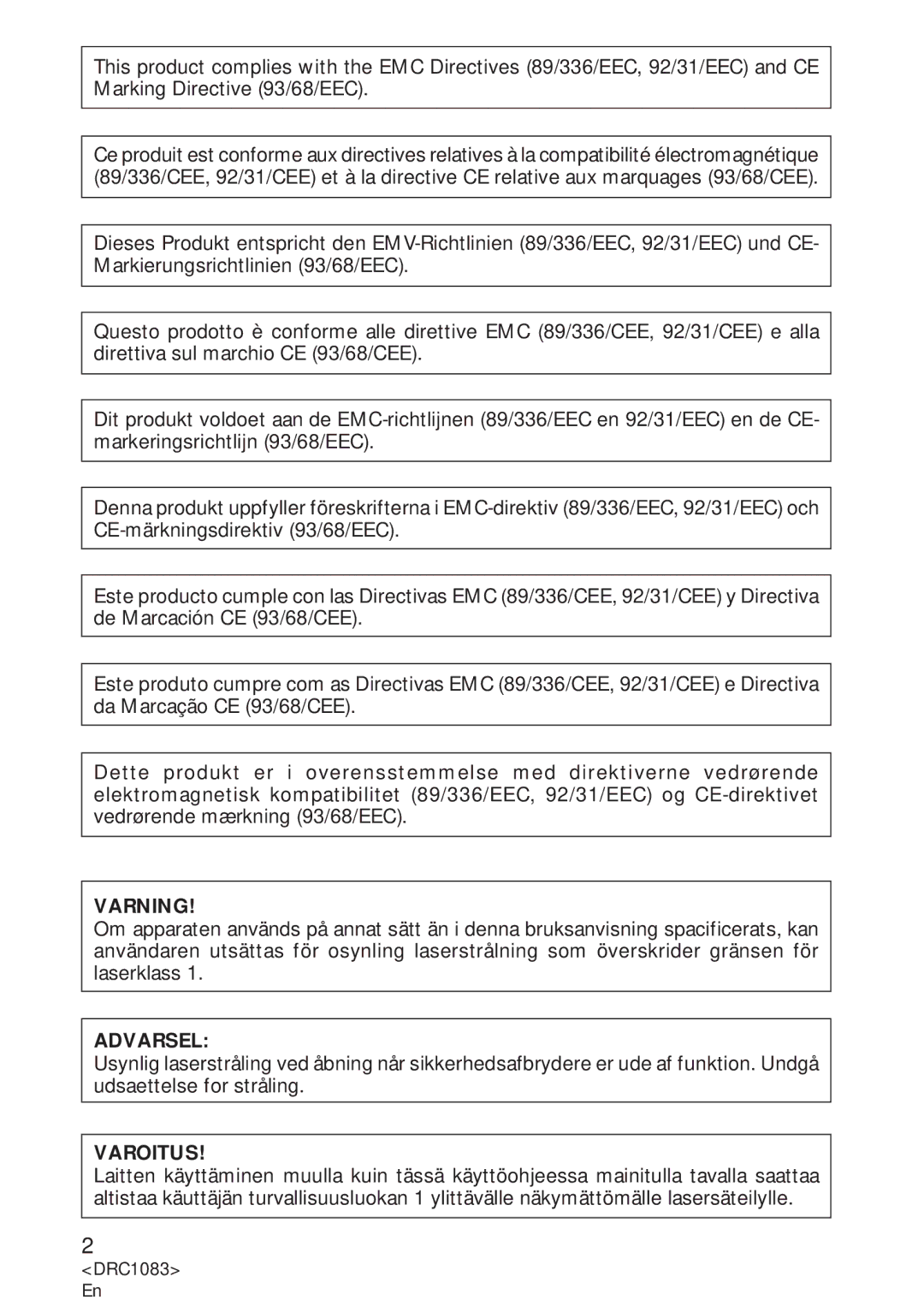 Pioneer DVD-U02 user service Varning, Varoitus 