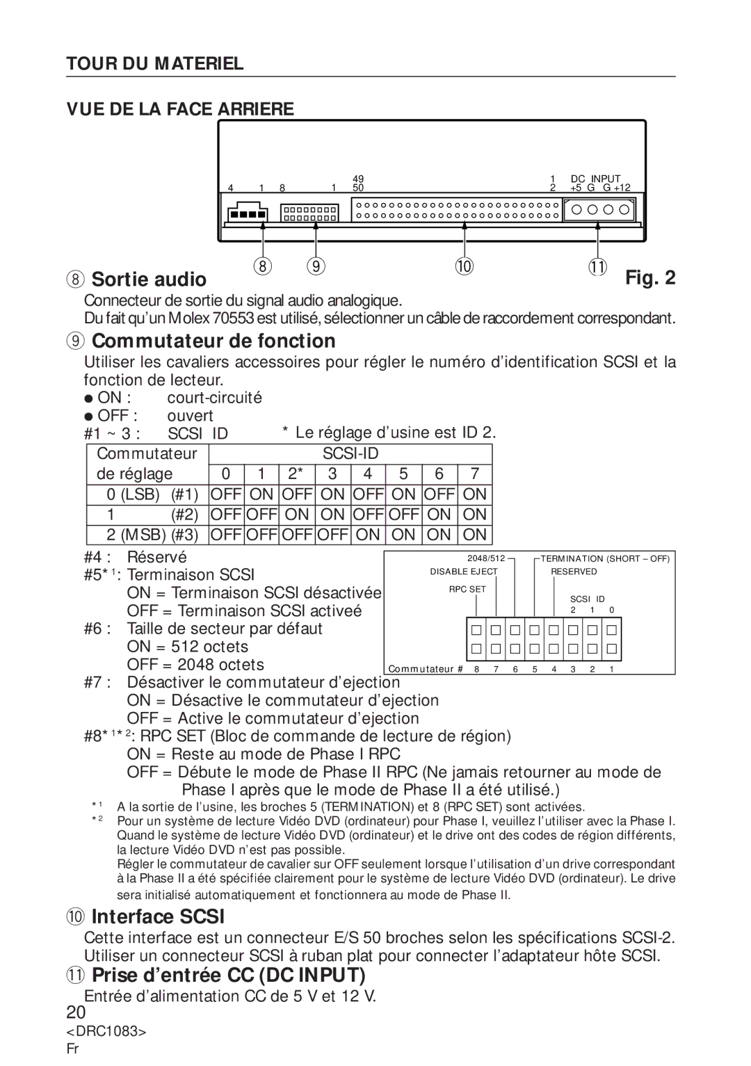 Pioneer DVD-U02 user service Sortie audio, Commutateur de fonction, Interface Scsi, Prise d’entrée CC DC Input 