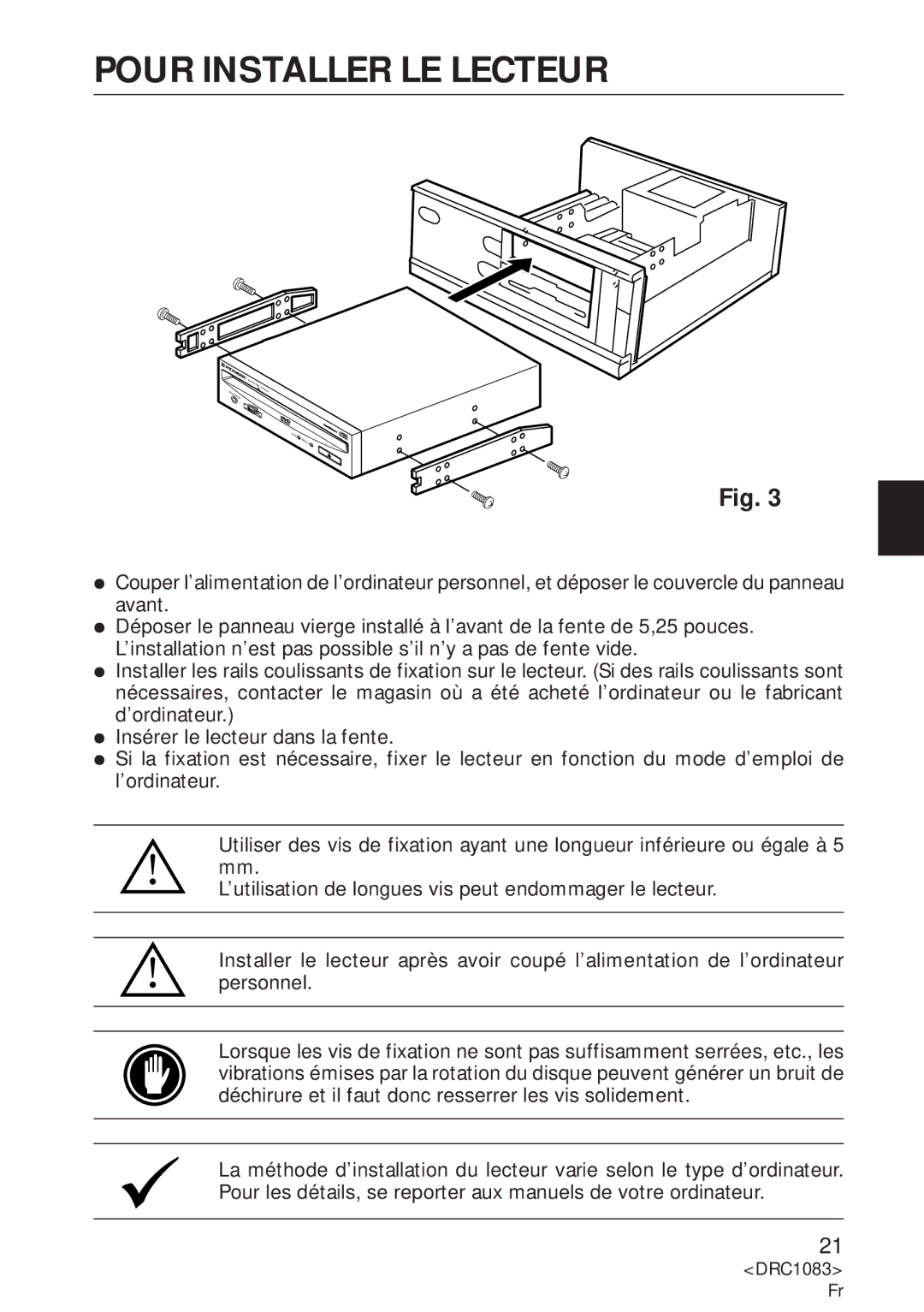 Pioneer DVD-U02 user service Pour Installer LE Lecteur 