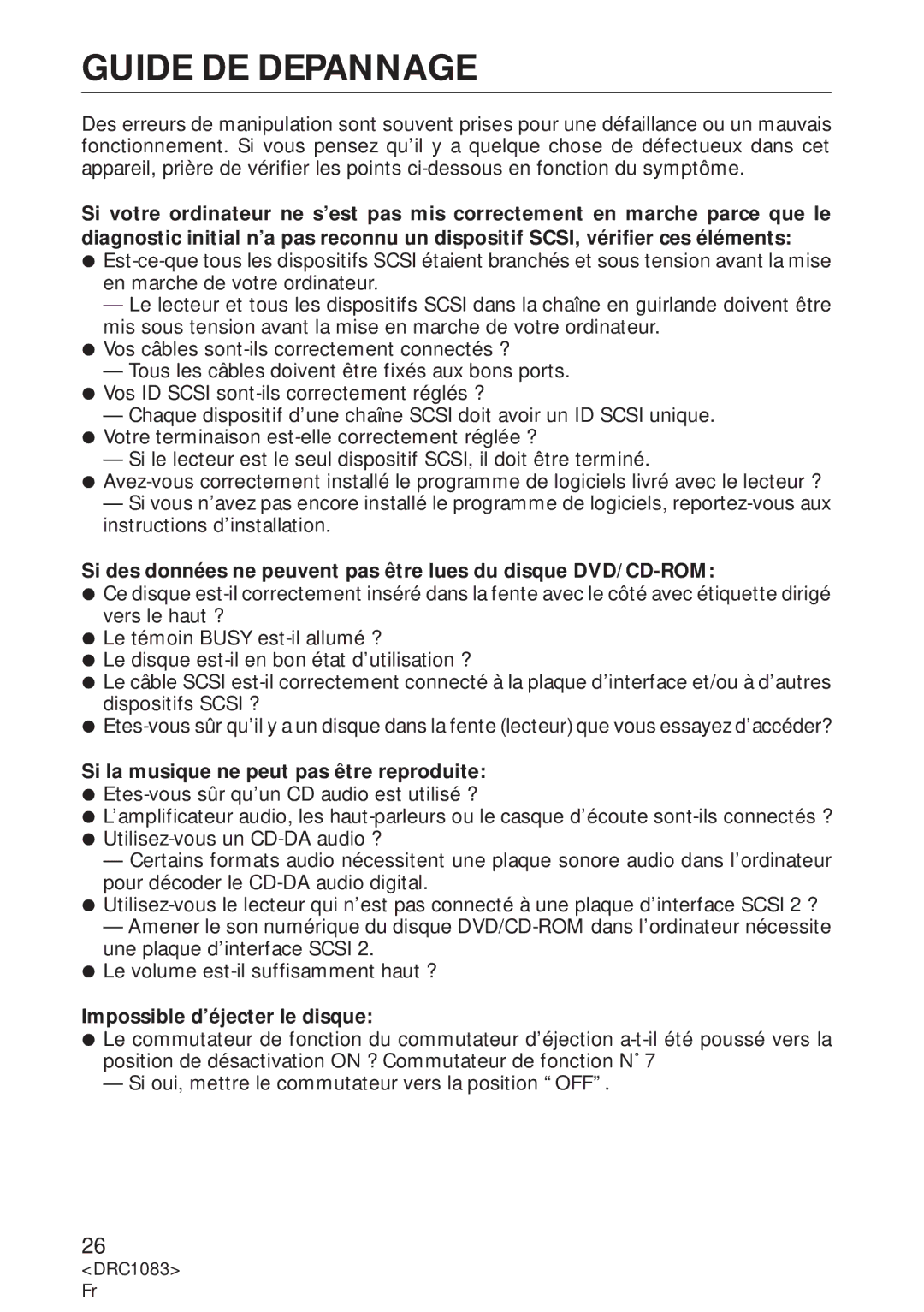 Pioneer DVD-U02 user service Guide DE Depannage, Si la musique ne peut pas être reproduite 