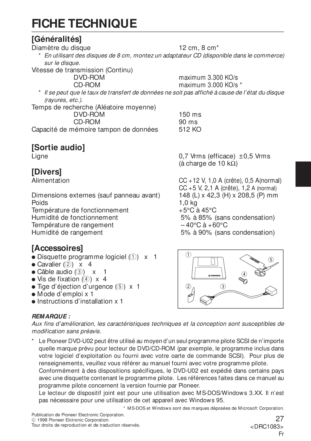 Pioneer DVD-U02 user service Fiche Technique, Généralités, Divers, Accessoires 