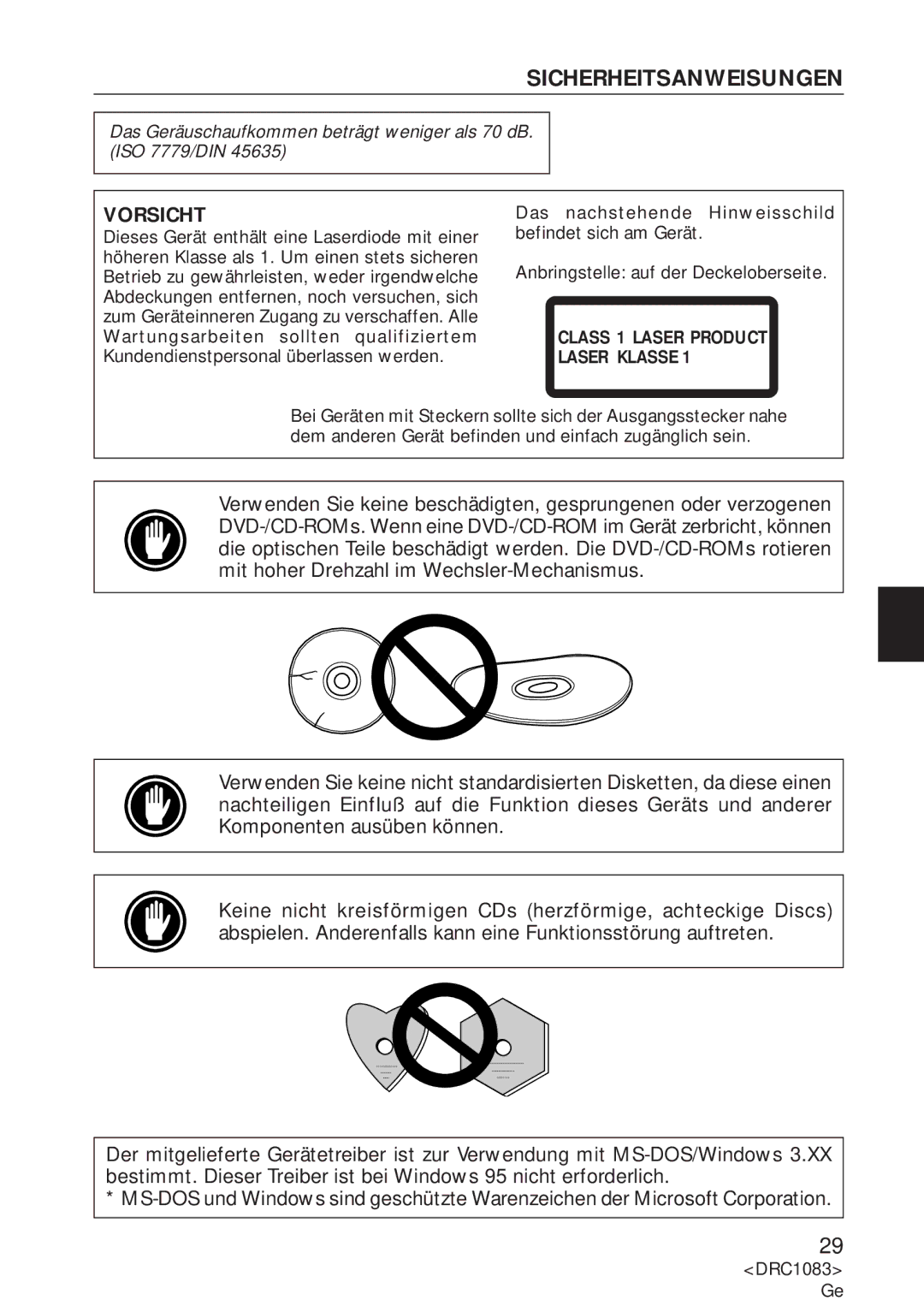 Pioneer DVD-U02 user service Sicherheitsanweisungen, Vorsicht 