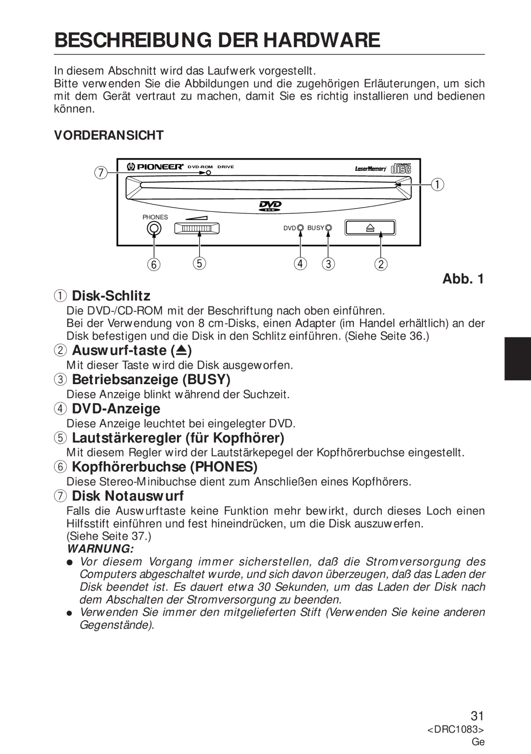 Pioneer DVD-U02 user service Beschreibung DER Hardware 