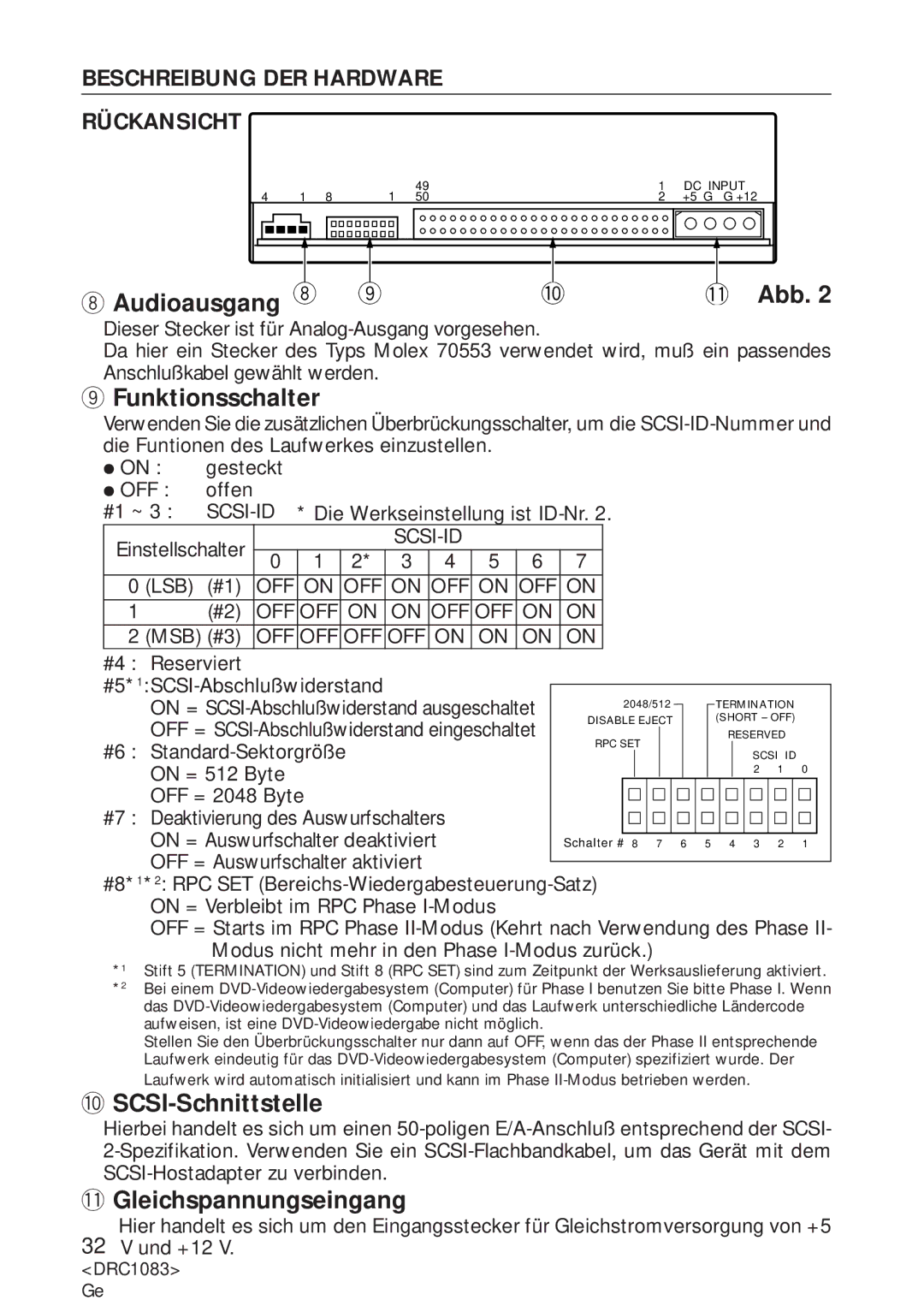 Pioneer DVD-U02 user service Audioausgang Abb, Funktionsschalter, SCSI-Schnittstelle, Gleichspannungseingang 