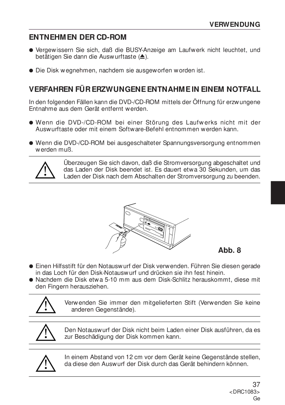 Pioneer DVD-U02 user service Entnehmen DER CD-ROM, Verfahren FÜR Erzwungene Entnahme in Einem Notfall 