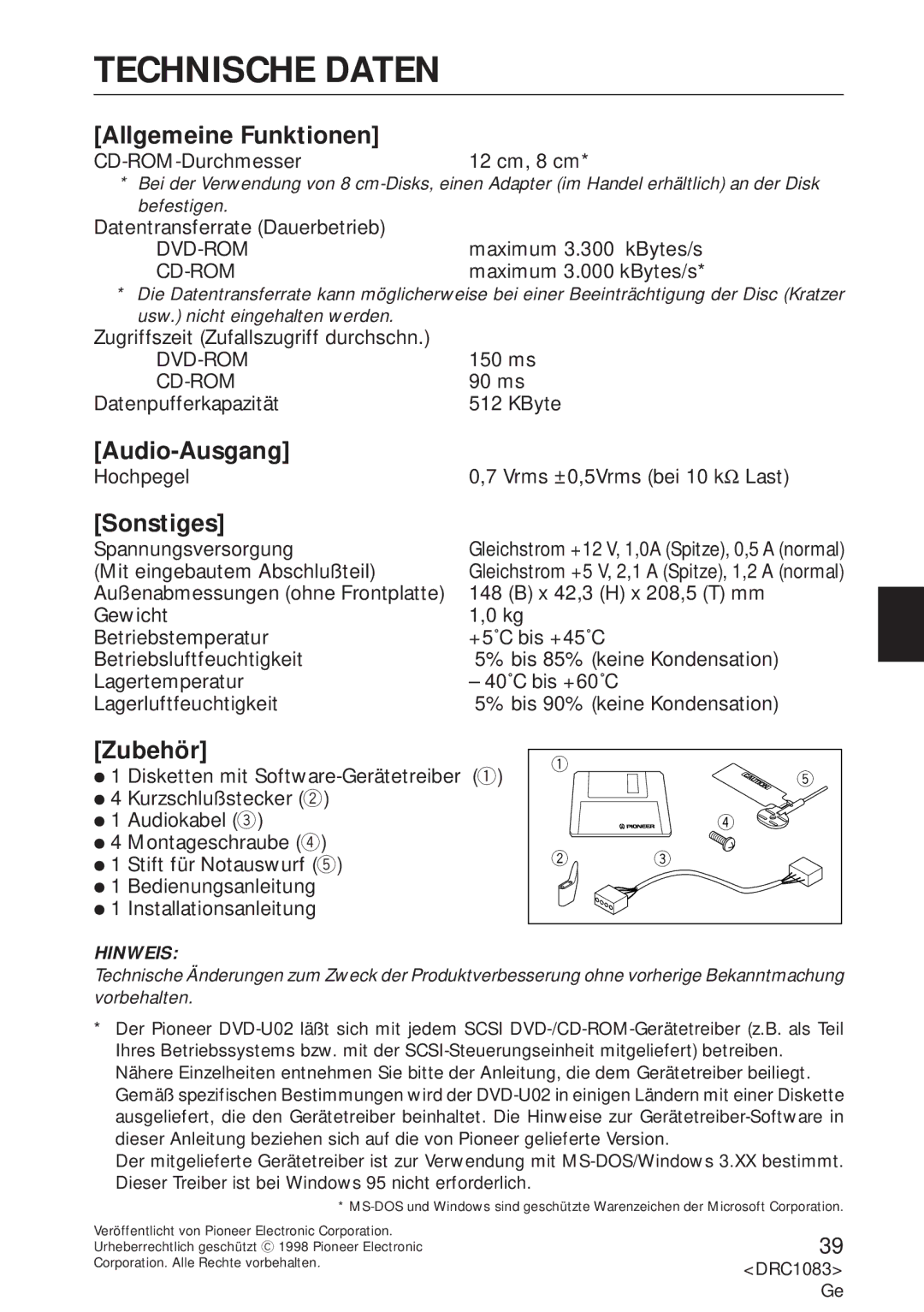 Pioneer DVD-U02 user service Technische Daten, Allgemeine Funktionen, Audio-Ausgang, Sonstiges, Zubehör 