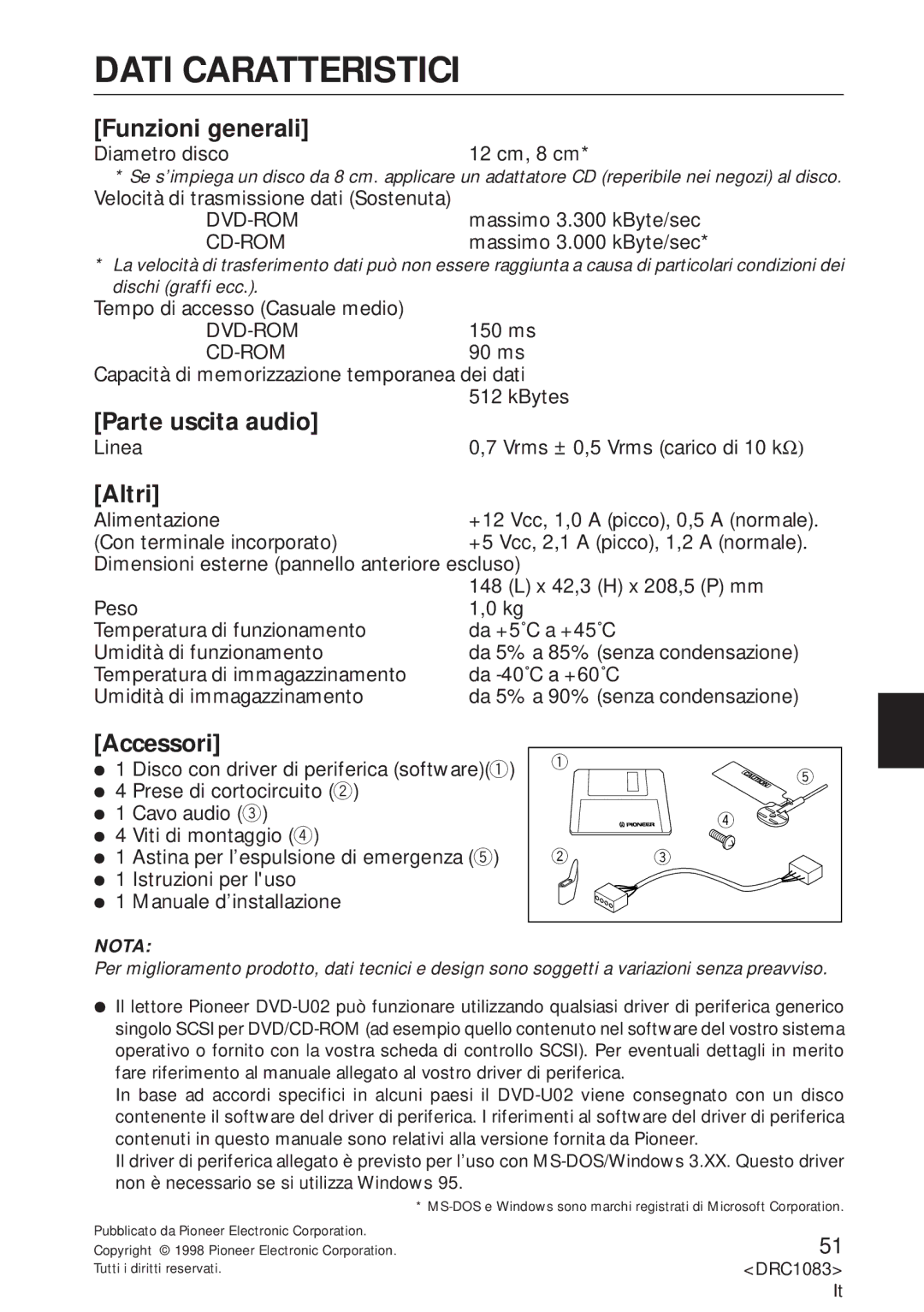 Pioneer DVD-U02 user service Dati Caratteristici, Funzioni generali, Parte uscita audio, Altri, Accessori 