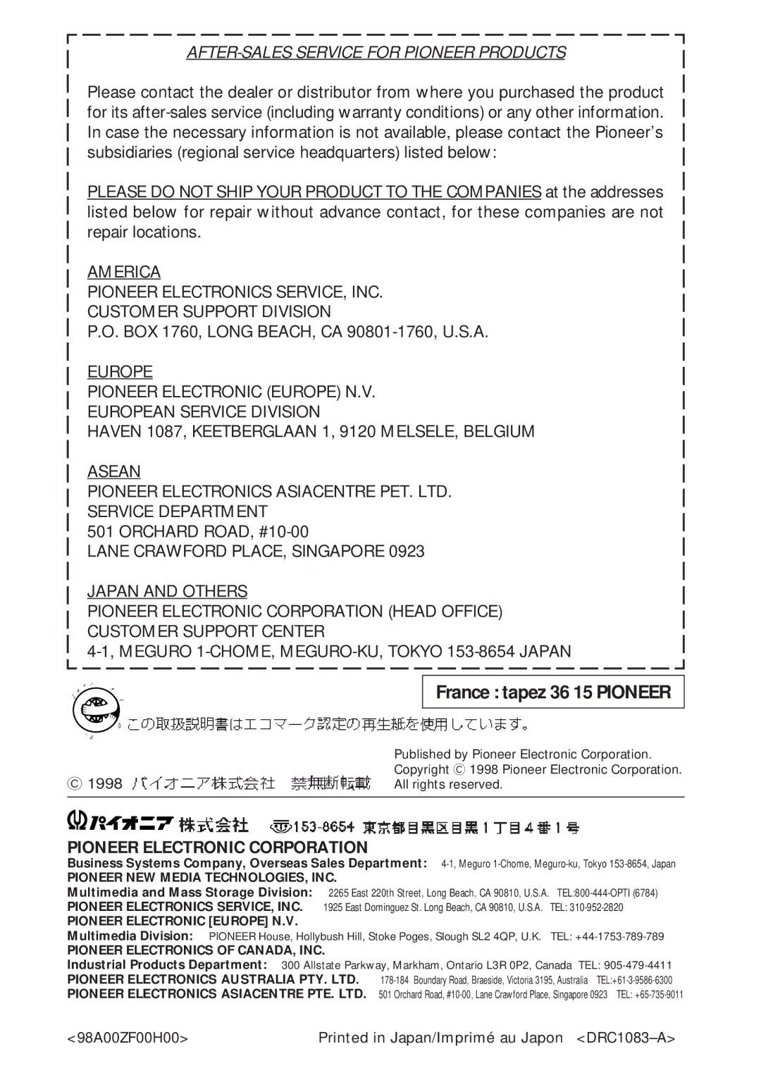 Pioneer DVD-U02 user service AFTER-SALES Service for Pioneer Products, Pioneer Electronic Corporation 