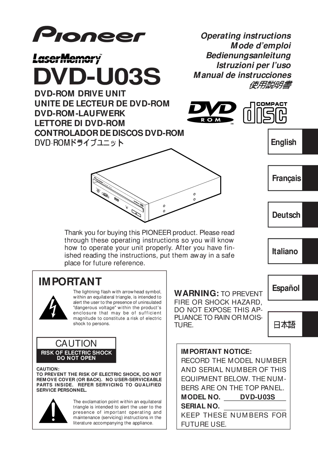 Pioneer DVD-U03S operating instructions English Français Deutsch, Italiano, Español, Important Notice 