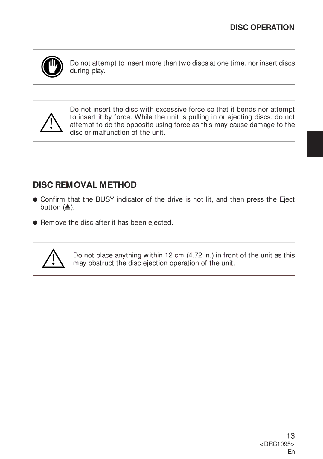 Pioneer DVD-U03S operating instructions Disc Removal Method, Disc Operation 