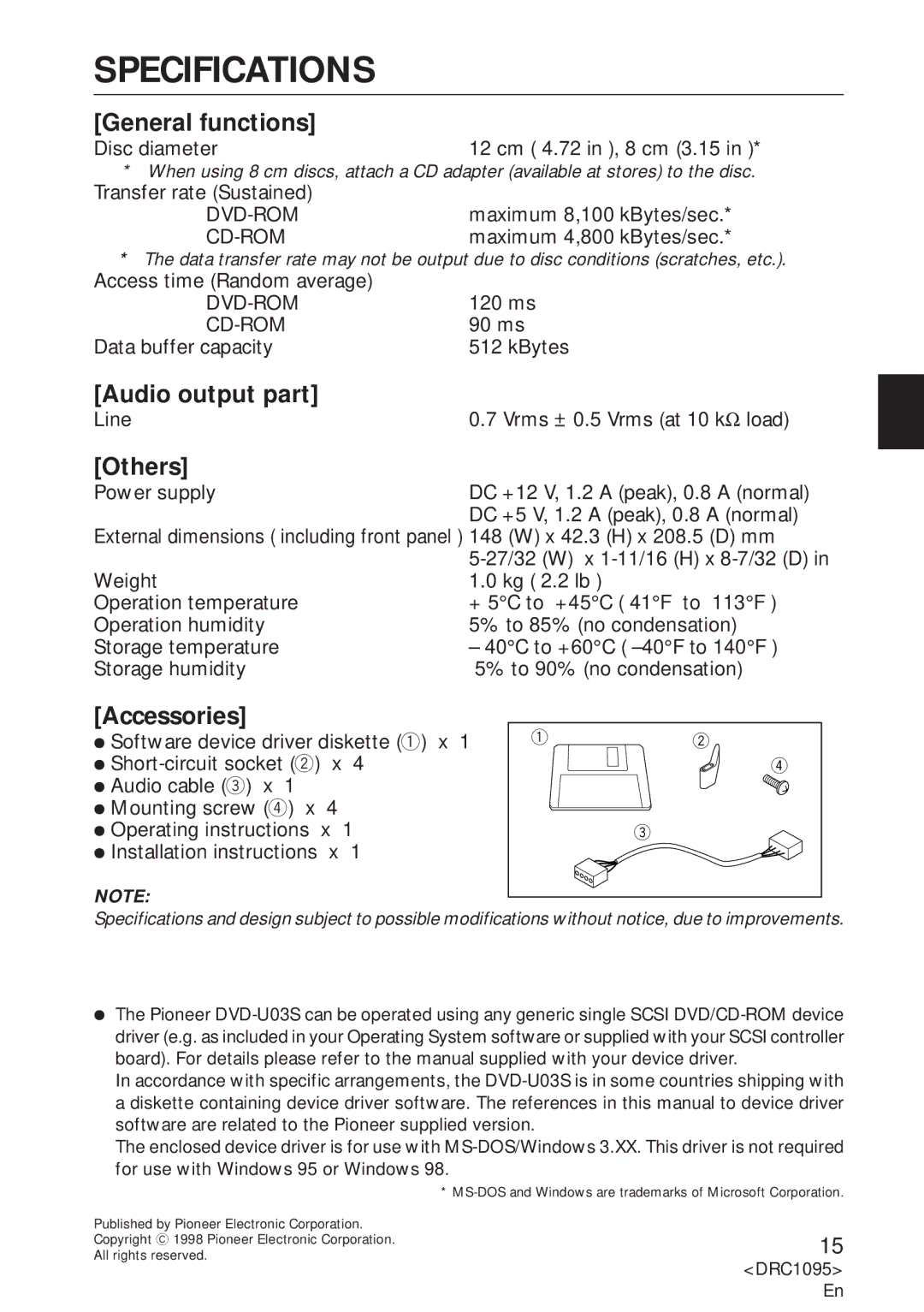 Pioneer DVD-U03S operating instructions Specifications, General functions, Audio output part, Others, Accessories 