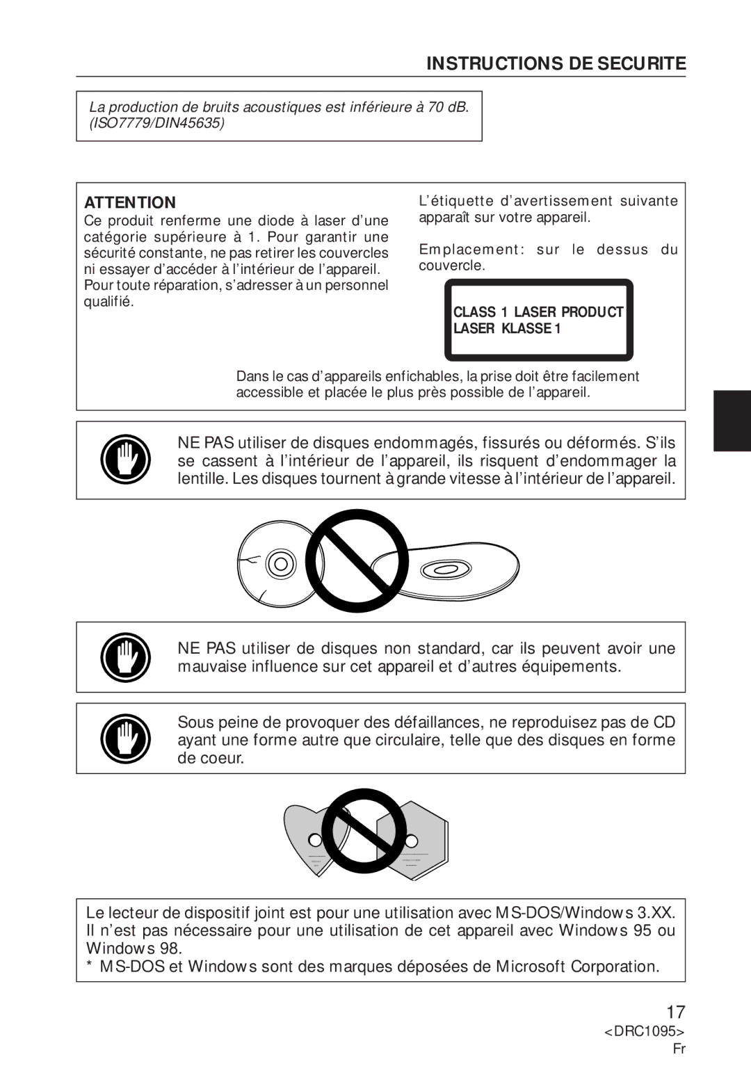 Pioneer DVD-U03S operating instructions Instructions DE Securite, Class 1 Laser Product Laser Klasse 