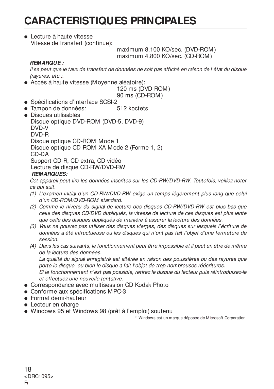 Pioneer DVD-U03S operating instructions Caracteristiques Principales, Remarque 