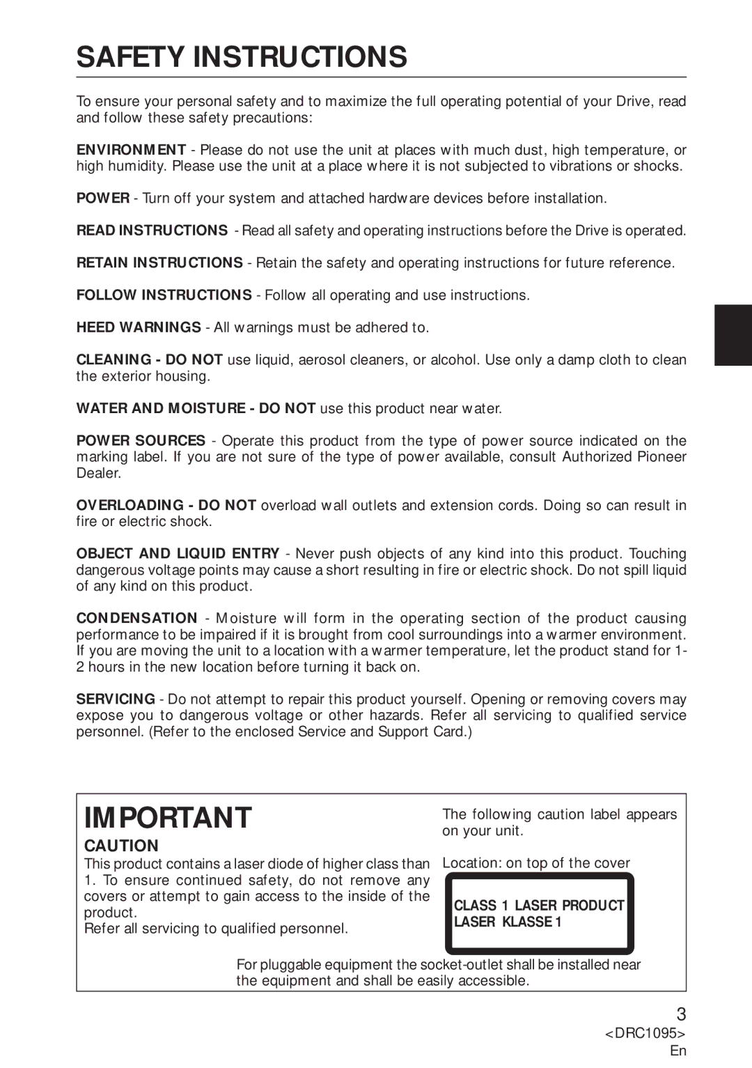 Pioneer DVD-U03S operating instructions Safety Instructions, Water and Moisture do not use this product near water 