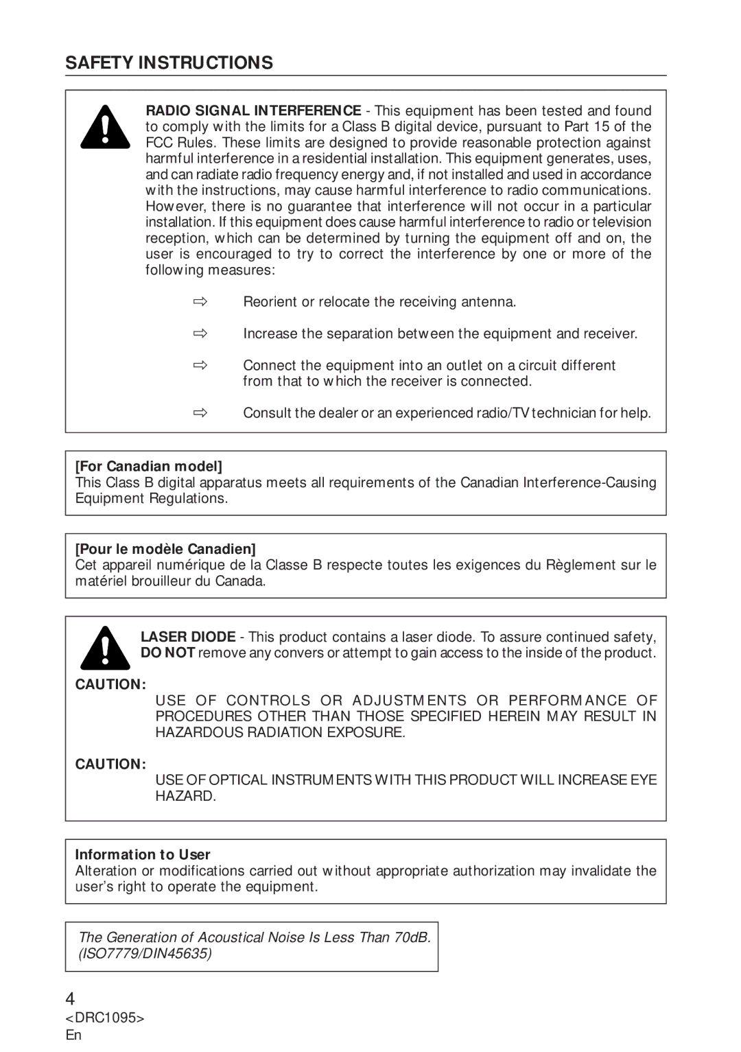 Pioneer DVD-U03S operating instructions Safety Instructions, For Canadian model 