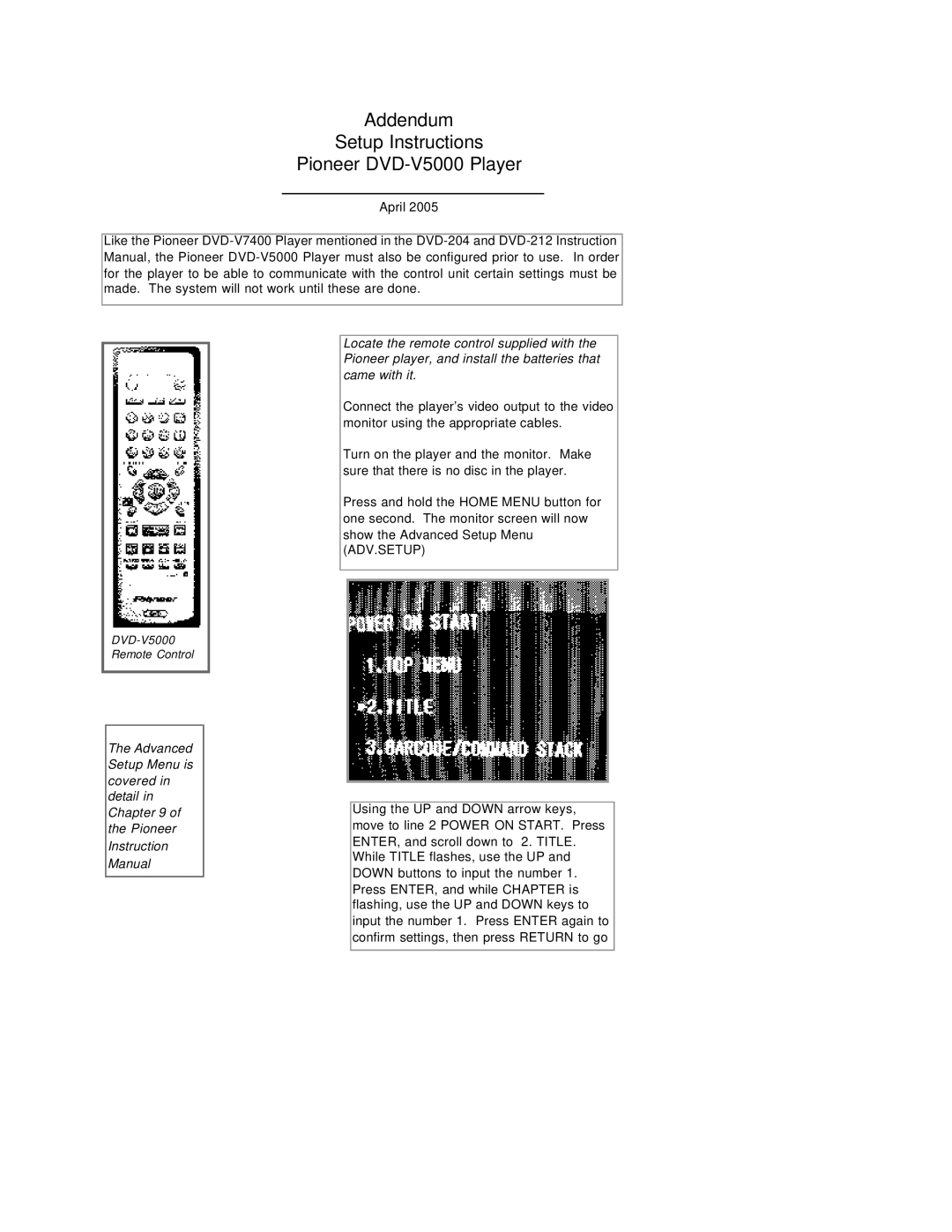 Pioneer instruction manual Addendum Setup Instructions Pioneer DVD-V5000 Player 