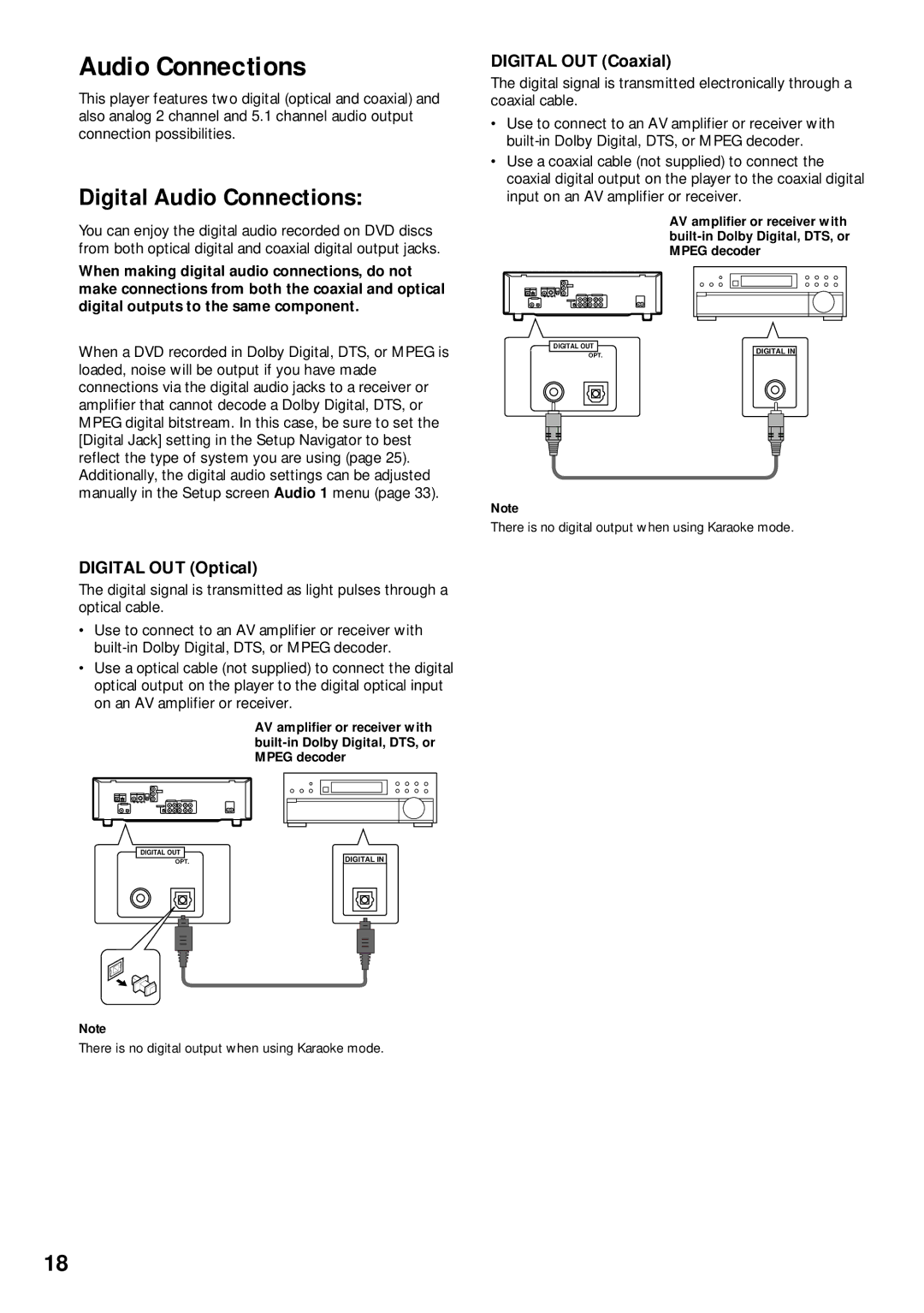 Pioneer DVD-V630, DV-K302CD operating instructions Digital Audio Connections, Digital OUT Coaxial, Digital OUT Optical 