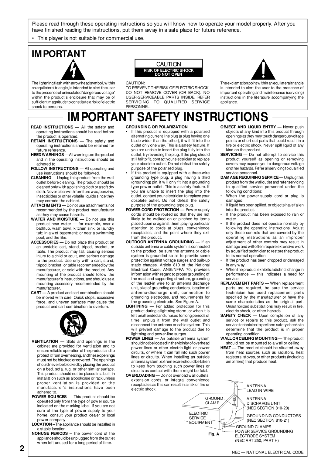 Pioneer DVD-V630, DV-K302CD operating instructions Important Safety Instructions 