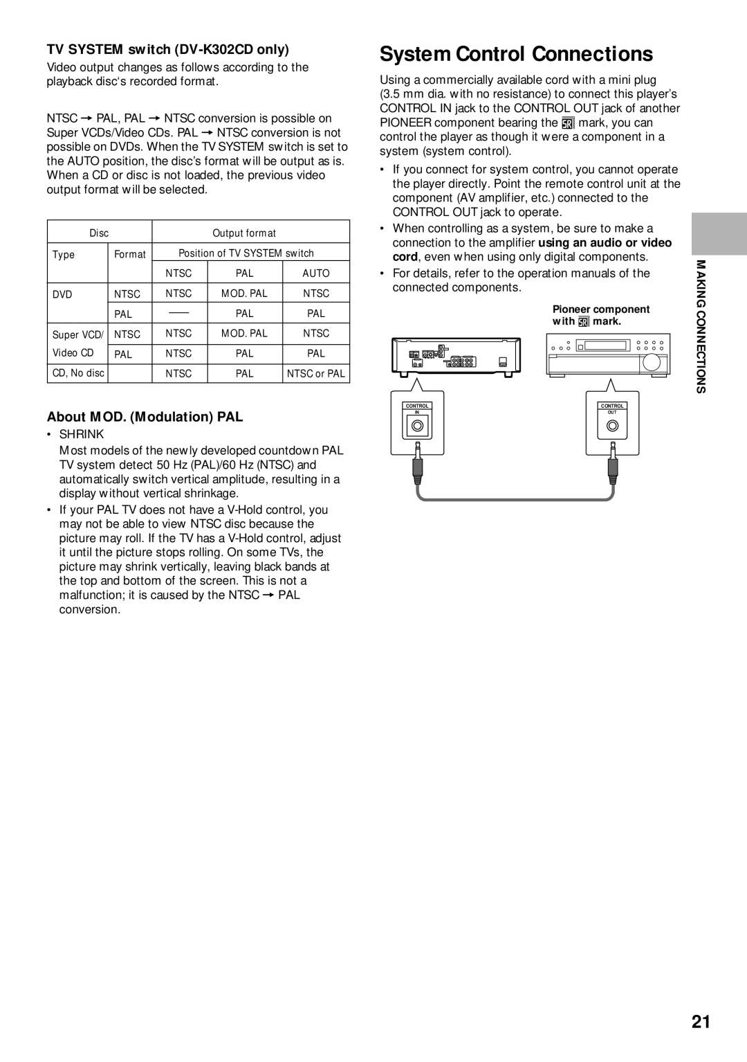 Pioneer DVD-V630 operating instructions TV System switch DV-K302CD only, About MOD. Modulation PAL 