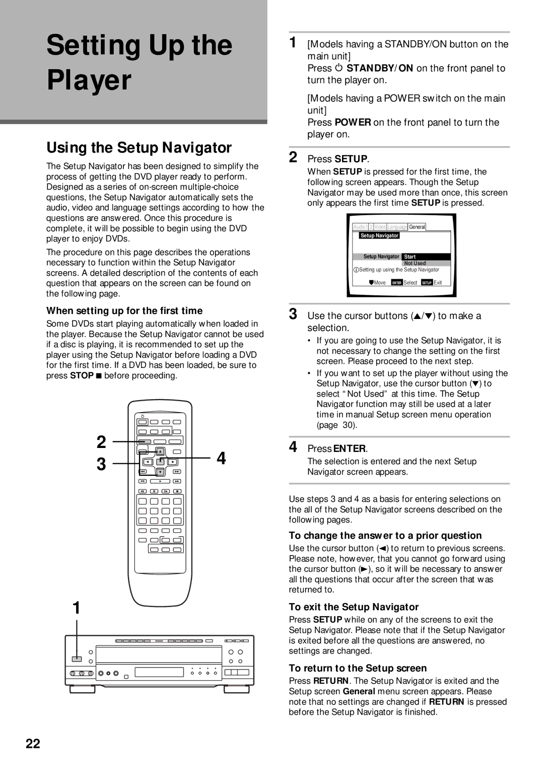 Pioneer DVD-V630, DV-K302CD operating instructions Setting Up the Player, Using the Setup Navigator 