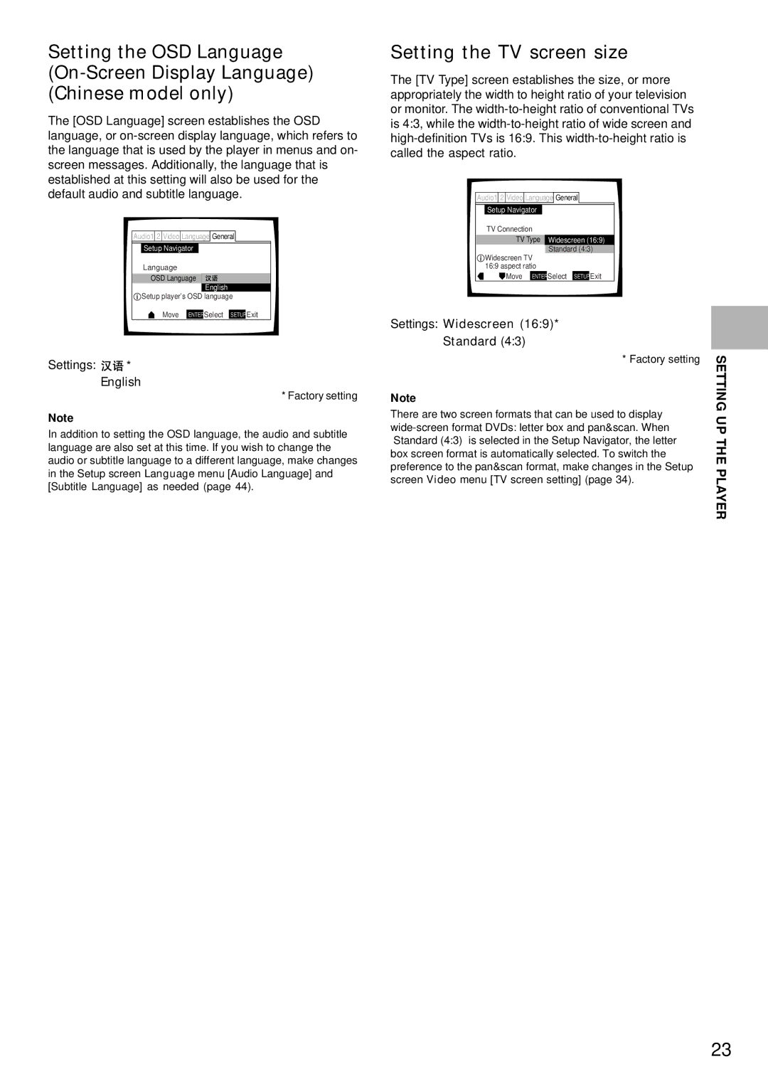 Pioneer DV-K302CD, DVD-V630 operating instructions Setting the TV screen size, English, Settings Widescreen Standard 