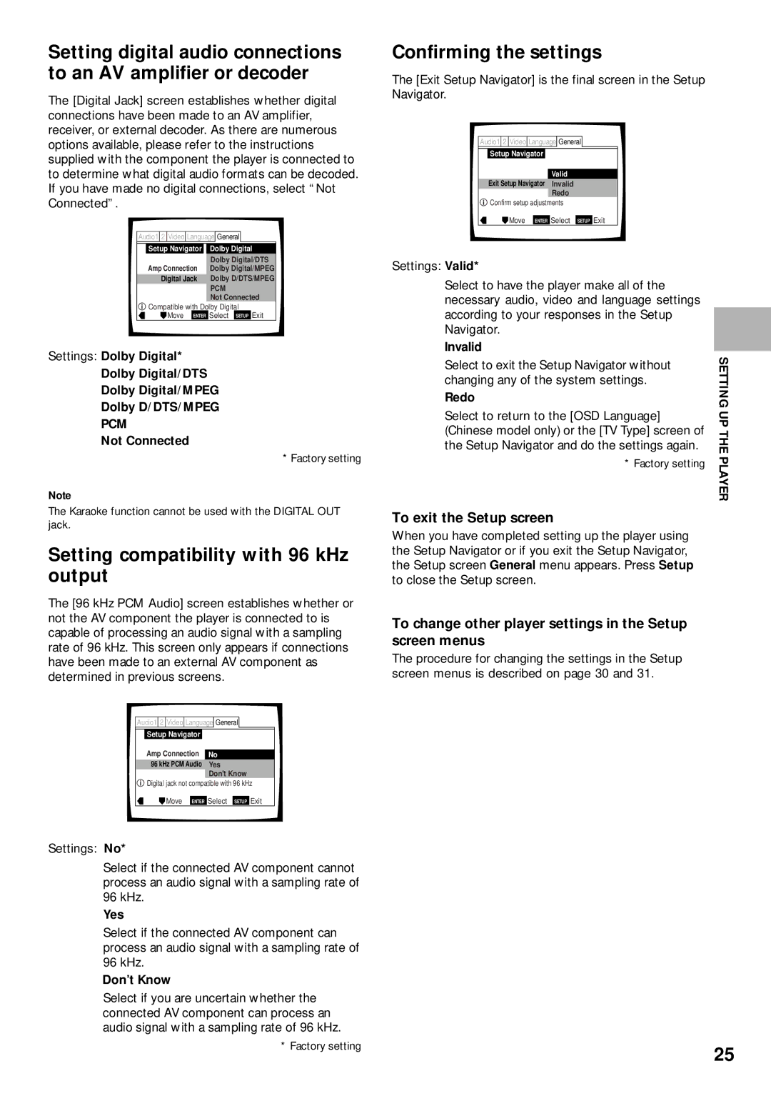 Pioneer DV-K302CD, DVD-V630 Setting compatibility with 96 kHz output, Confirming the settings, To exit the Setup screen 