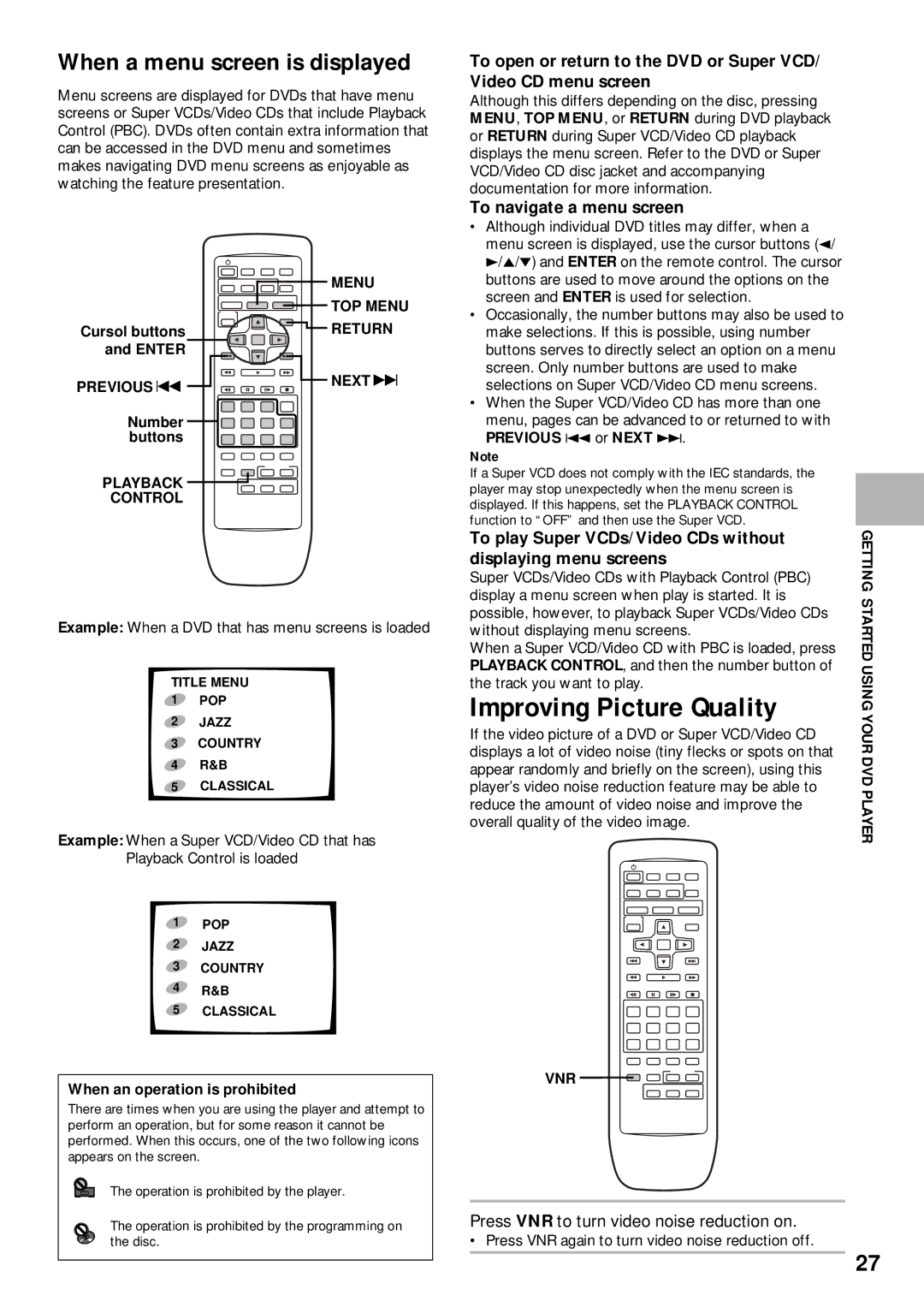 Pioneer DV-K302CD, DVD-V630 Improving Picture Quality, When a menu screen is displayed, To navigate a menu screen 