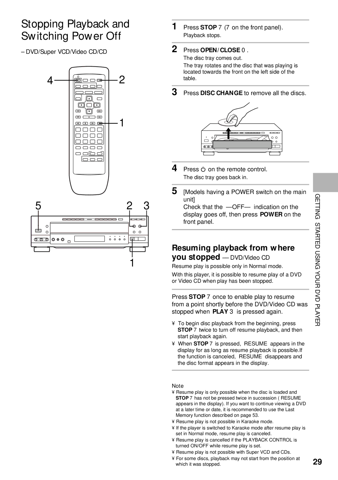 Pioneer DV-K302CD Stopping Playback and Switching Power Off, Resuming playback from where, You stopped -- DVD/Video CD 