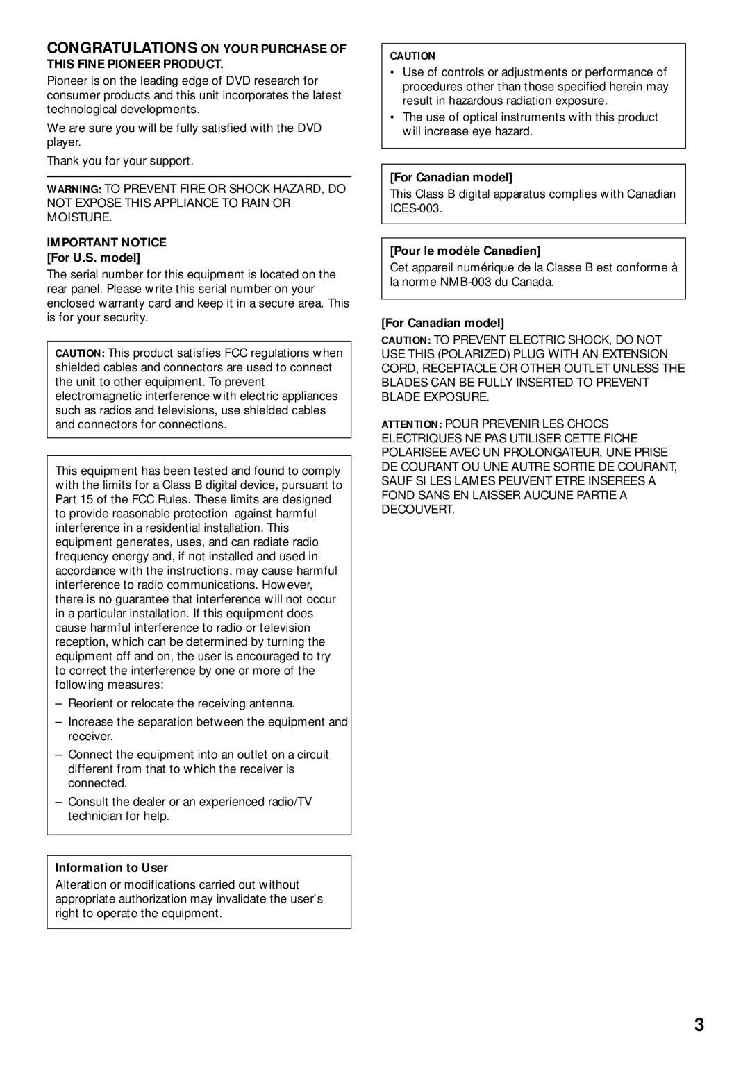 Pioneer DV-K302CD Important Notice For U.S. model, Information to User, For Canadian model, Pour le modèle Canadien 