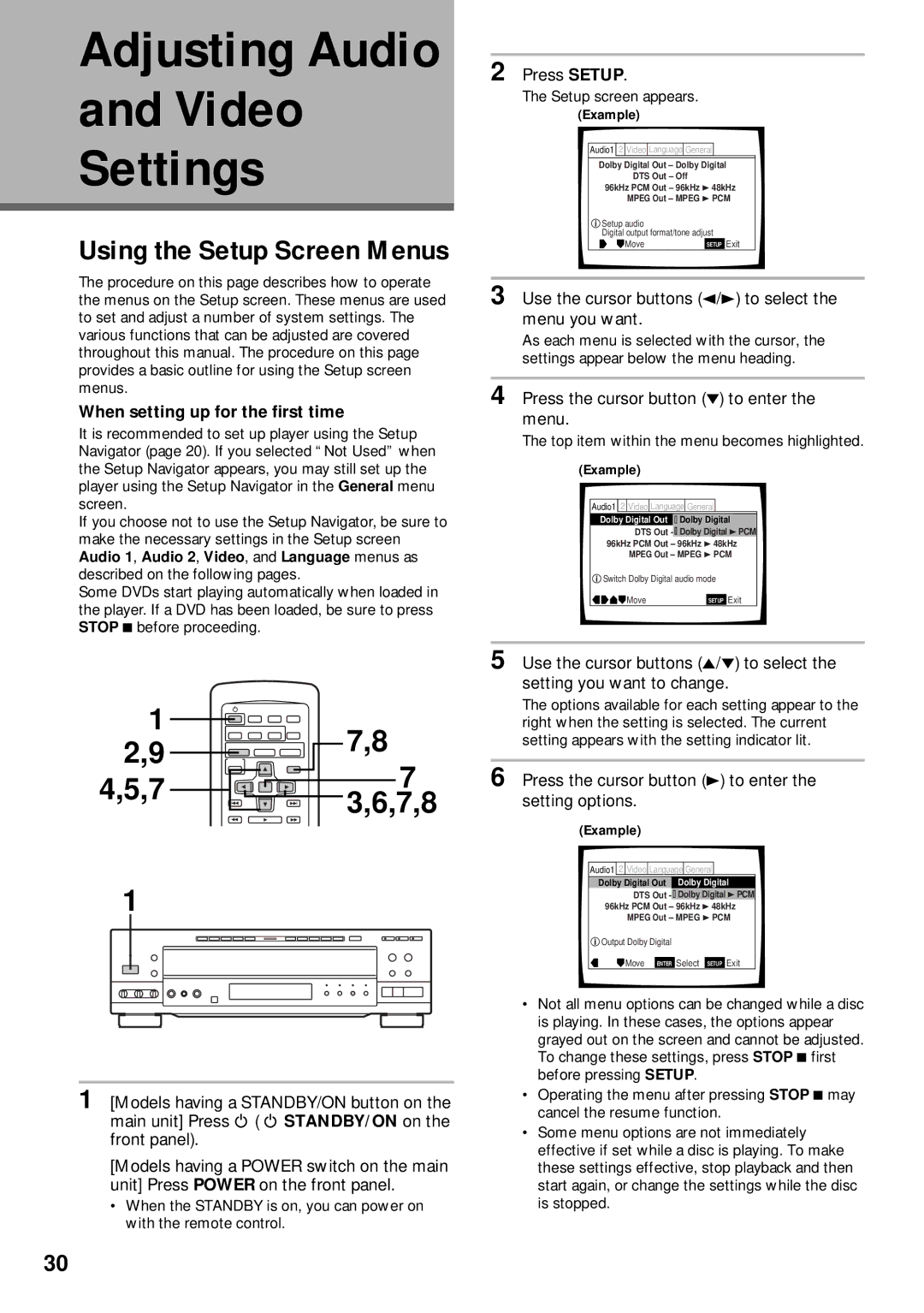 Pioneer DVD-V630, DV-K302CD operating instructions Video Settings, Use the cursor buttons 2/3 to select the menu you want 