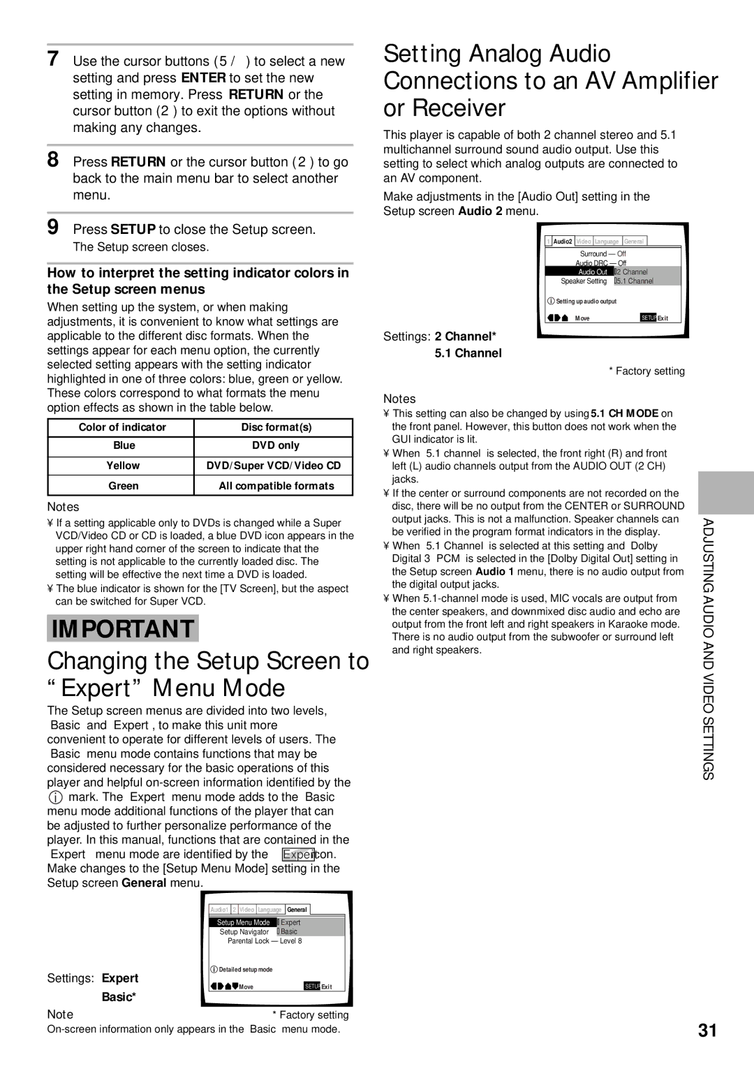 Pioneer DV-K302CD, DVD-V630 operating instructions Video Settings, Setup screen closes, Settings 2 Channel 