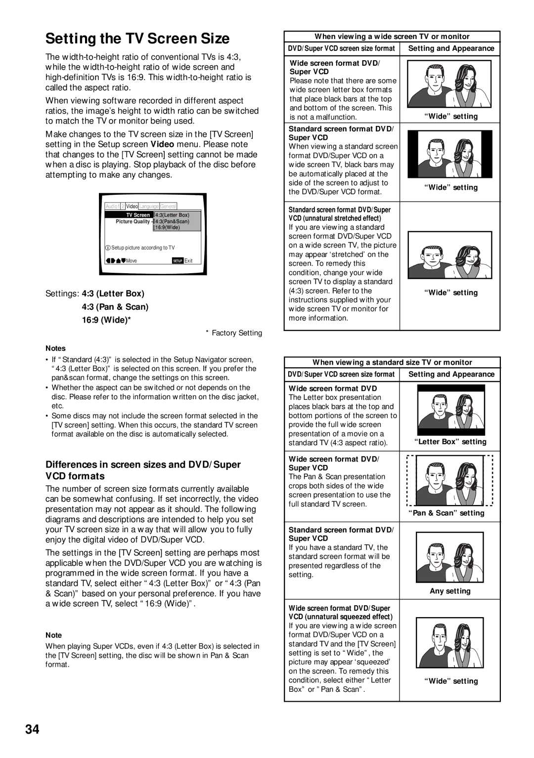 Pioneer DVD-V630, DV-K302CD Setting the TV Screen Size, Differences in screen sizes and DVD/Super VCD formats 