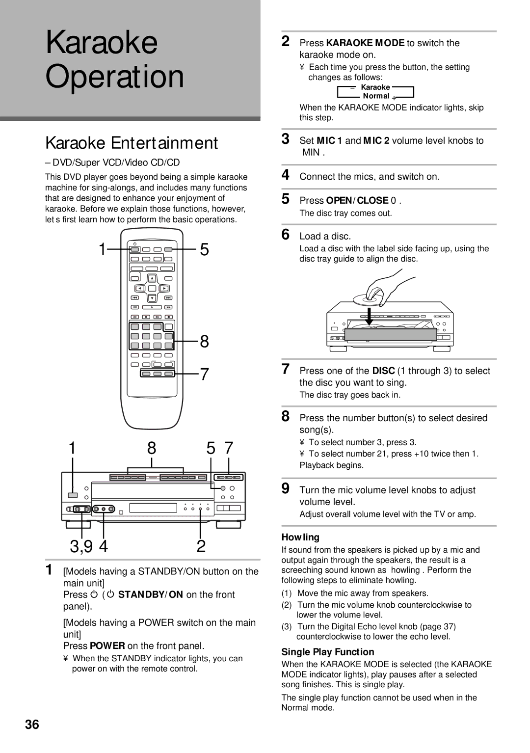 Pioneer DVD-V630, DV-K302CD operating instructions Karaoke Operation, Karaoke Entertainment, Howling, Single Play Function 