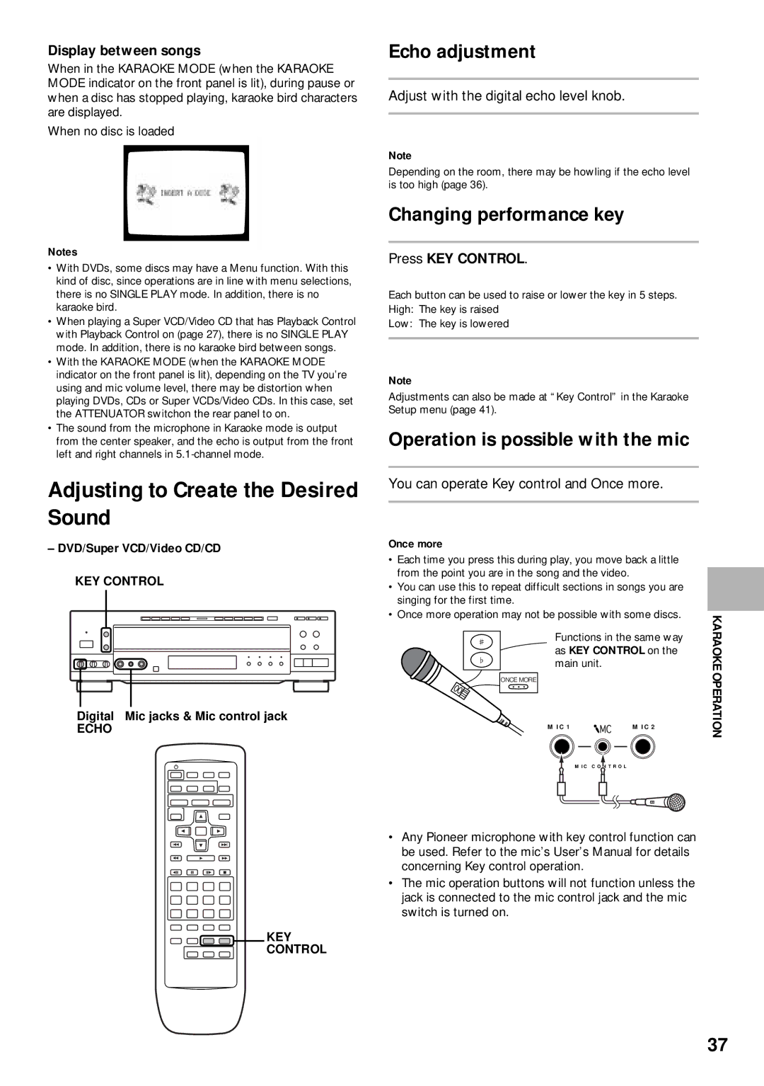 Pioneer DV-K302CD, DVD-V630 Adjusting to Create the Desired Sound, Echo adjustment, Changing performance key 