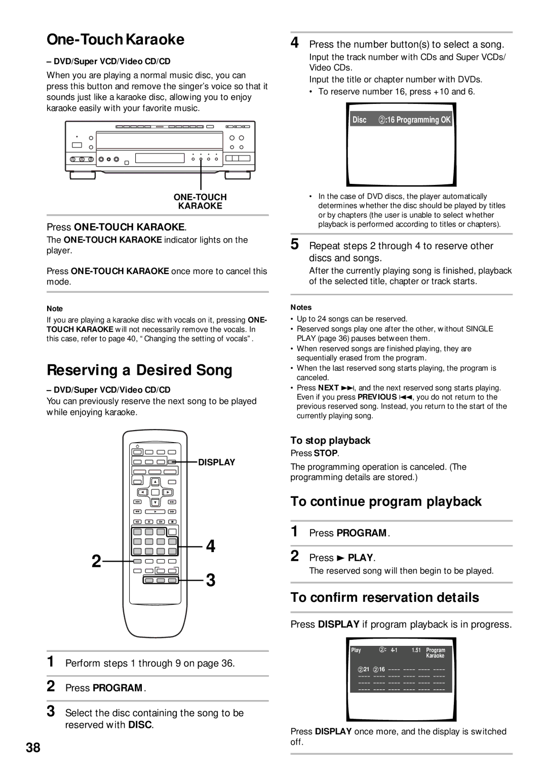 Pioneer DVD-V630 One-Touch Karaoke, Reserving a Desired Song, To continue program playback, To confirm reservation details 