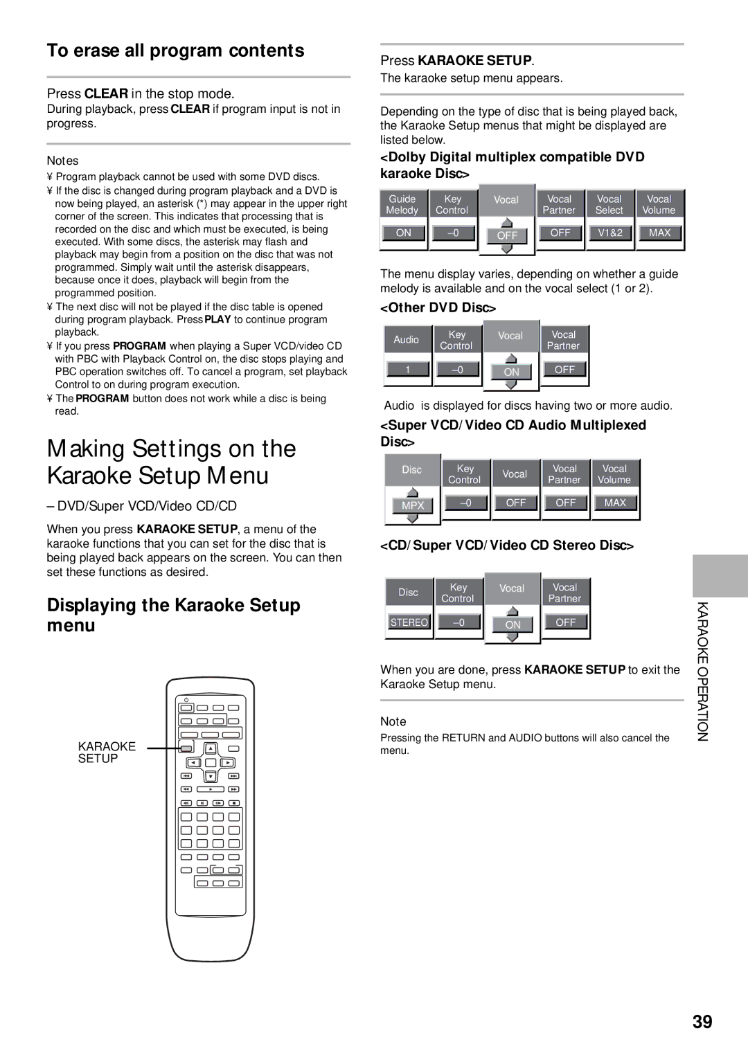 Pioneer DV-K302CD, DVD-V630 operating instructions Making Settings on the Karaoke Setup Menu, To erase all program contents 