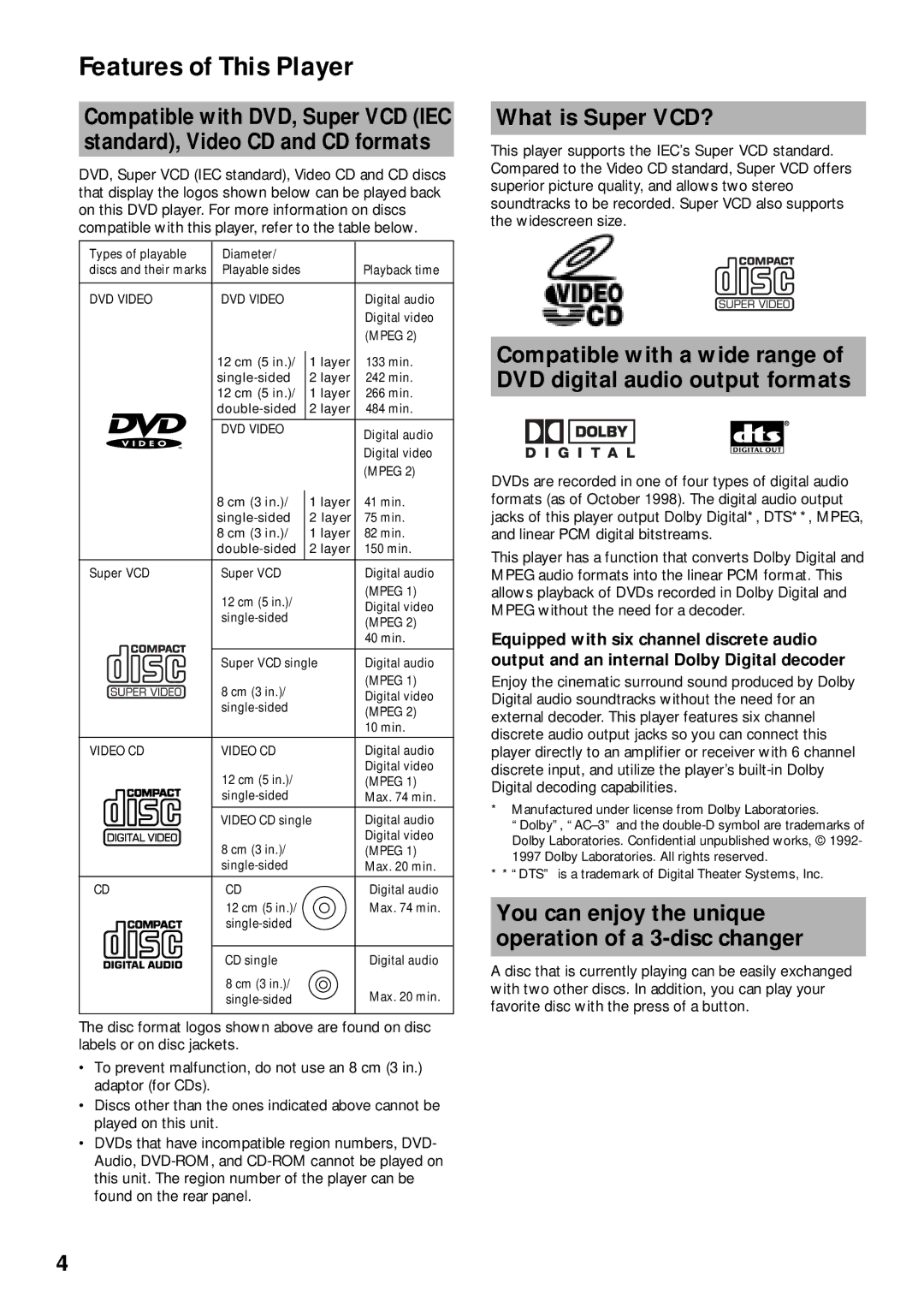 Pioneer DVD-V630 Features of This Player, What is Super VCD?, You can enjoy the unique operation of a 3-disc changer 