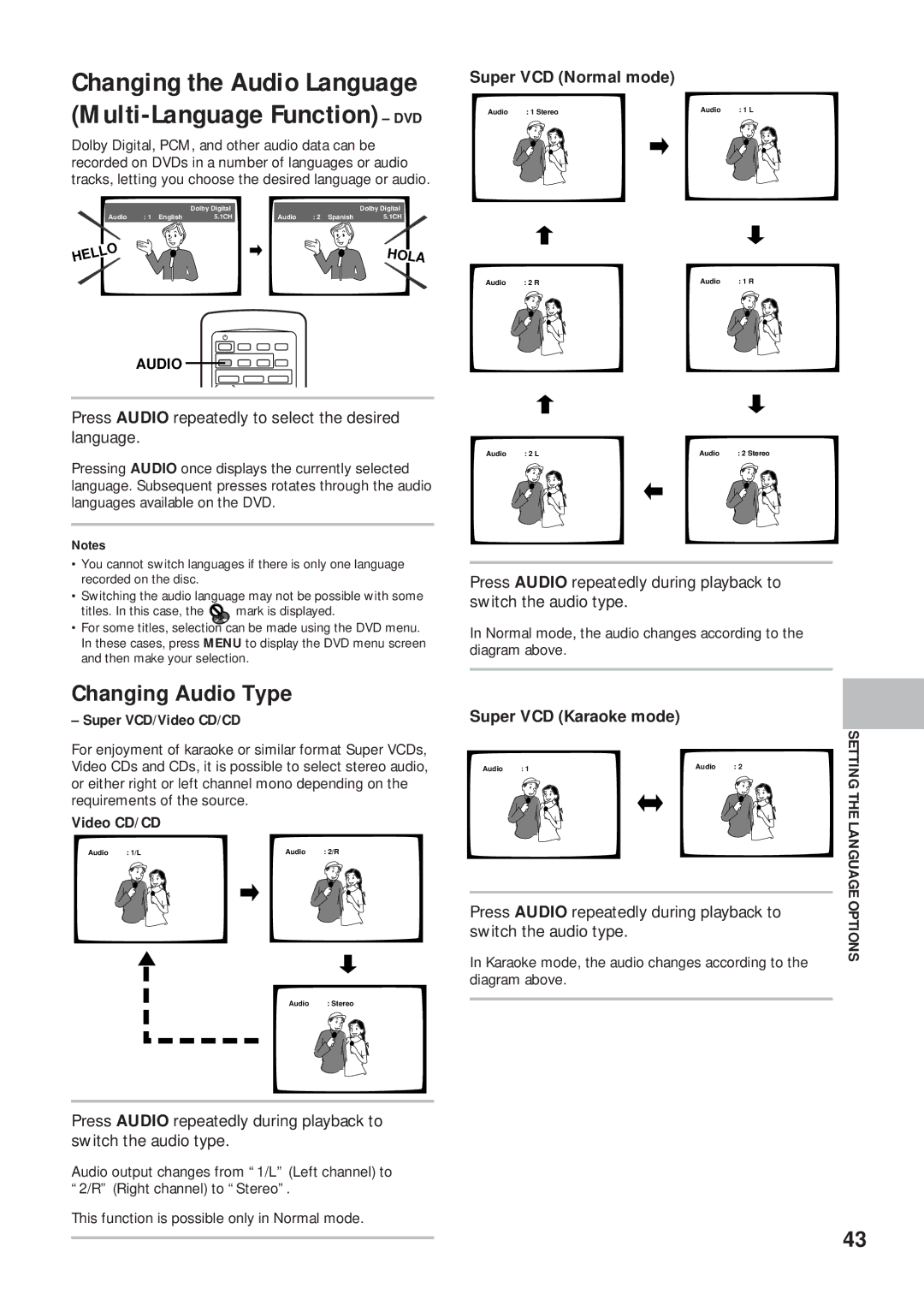 Pioneer DV-K302CD Changing the Audio Language Multi-Language Function DVD, Changing Audio Type, Super VCD Normal mode 