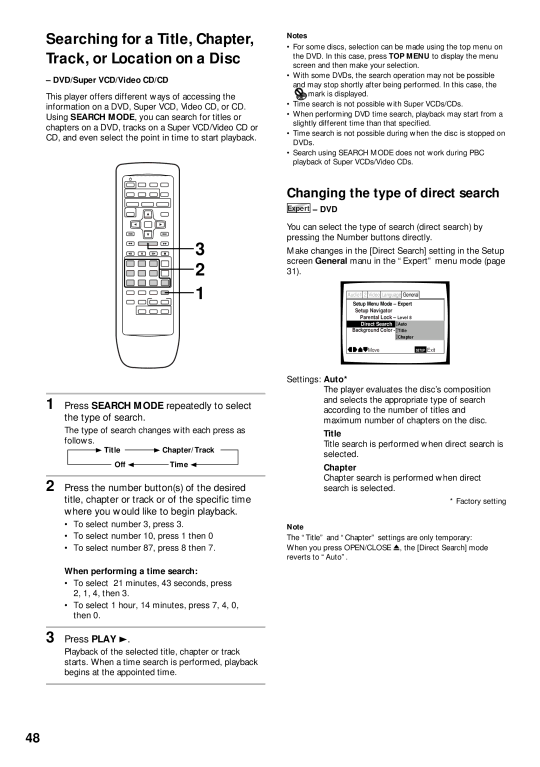 Pioneer DVD-V630 Changing the type of direct search, Press Search Mode repeatedly to select the type of search, Press Play 