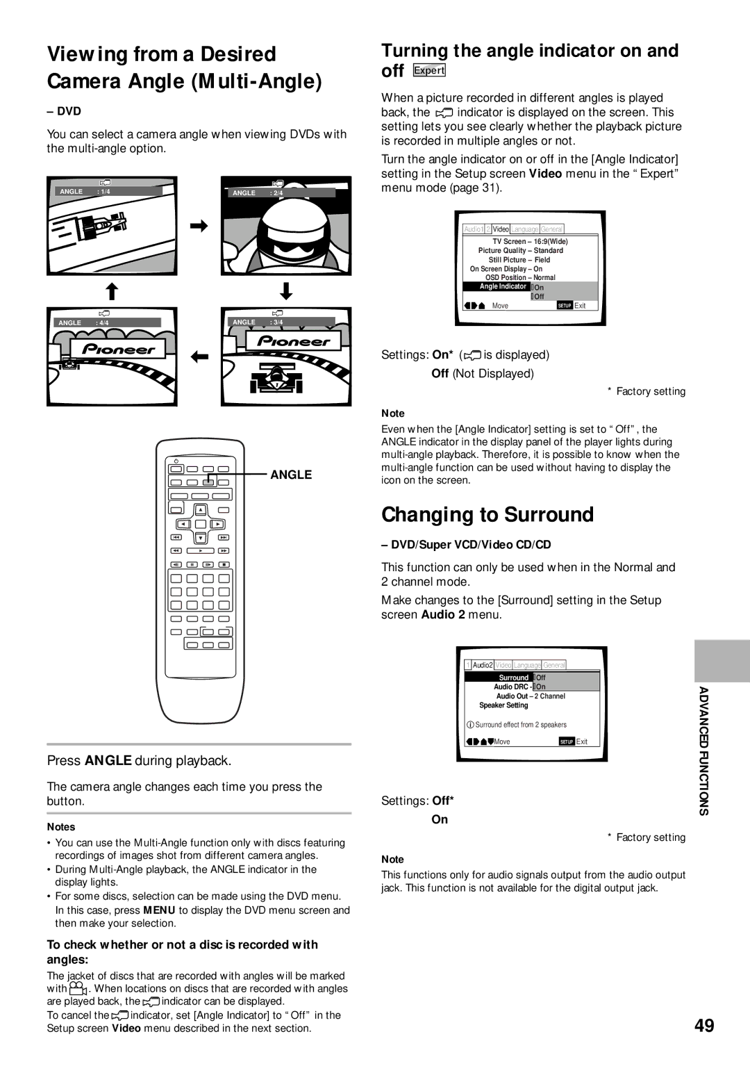 Pioneer DV-K302CD Changing to Surround, Viewing from a Desired Camera Angle Multi-Angle, Turning the angle indicator on 