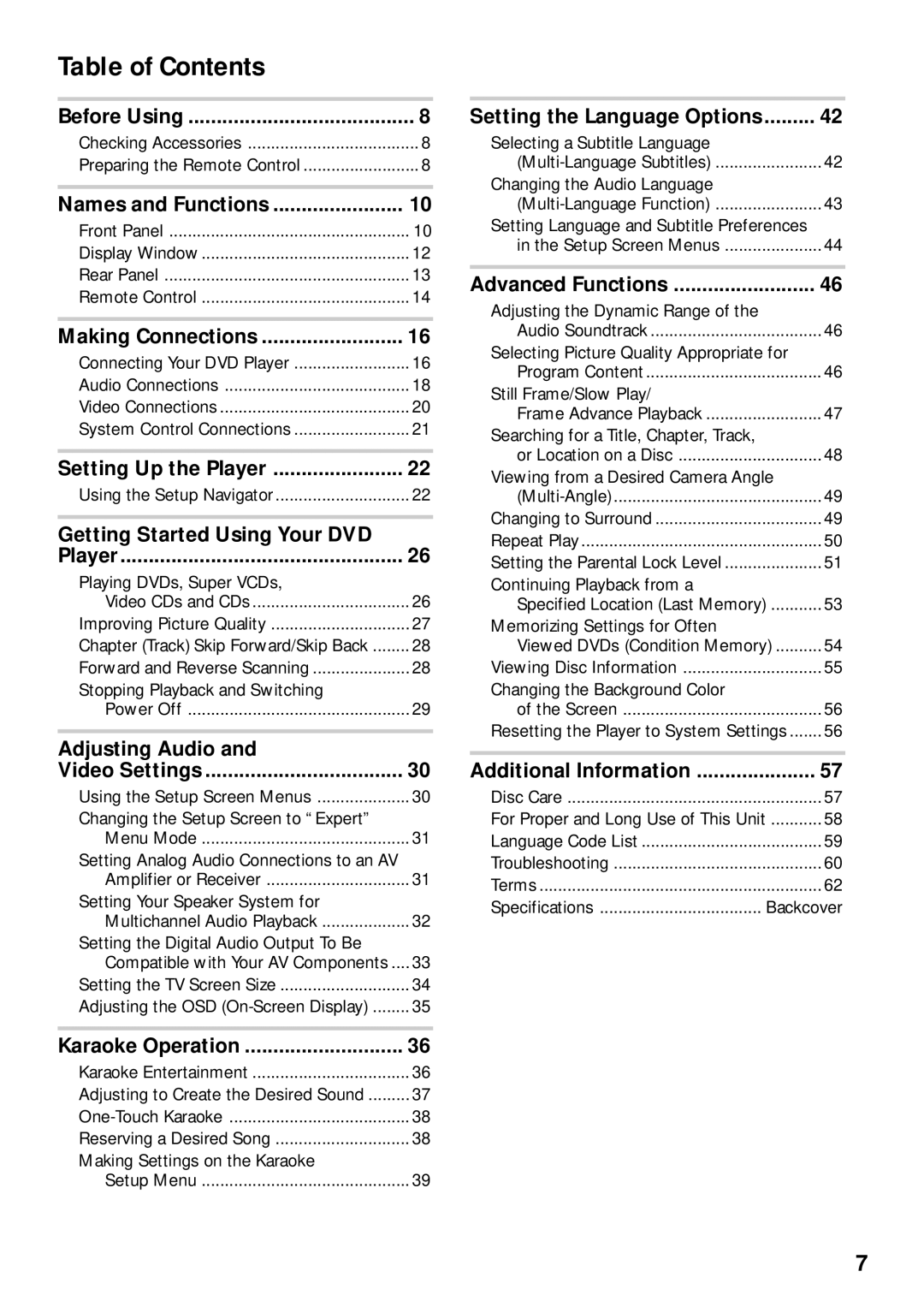 Pioneer DV-K302CD, DVD-V630 operating instructions Table of Contents 