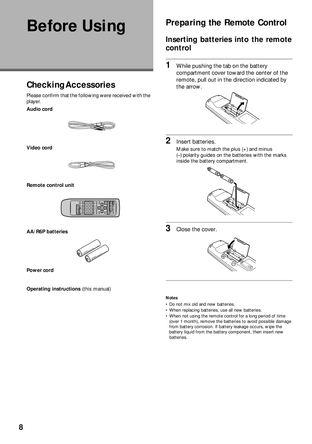 Pioneer DVD-V630, DV-K302CD operating instructions Before Using, Checking Accessories, Preparing the Remote Control 