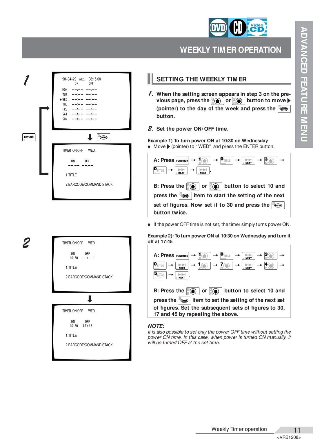 Pioneer DVD-V7200 operating instructions Weekly Timer Operation Advanced, Setting the Weekly Timer 